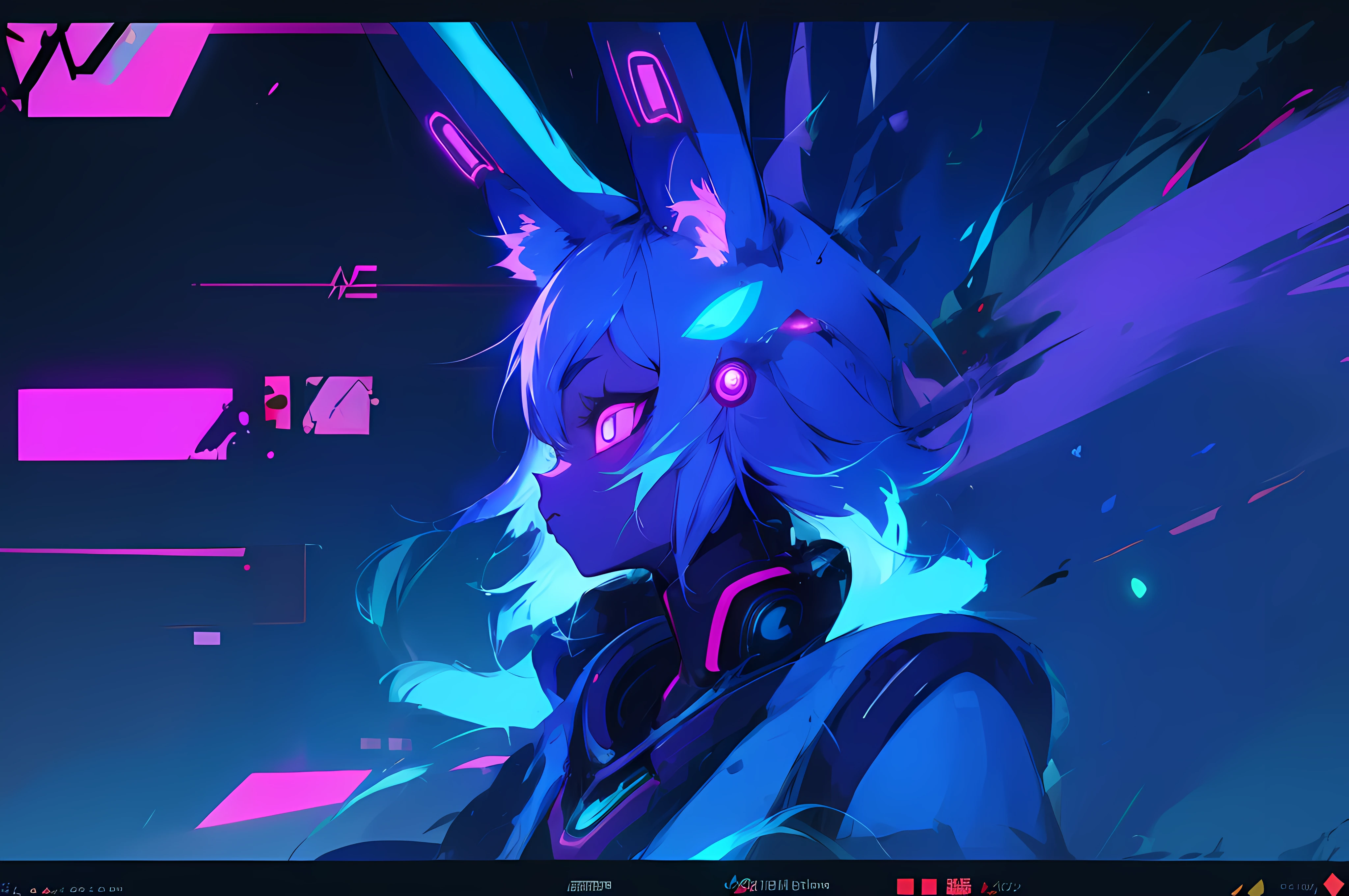 (vintage vhs), (crt screenshot), (Zen, Amy Sol style), (((blue anthro kemono furry rabbit))), underground cavern shining flashlight in old ruins, scene from a show about a blue anthro furry kemono rabbit who investigates deep space crime, (vast decrepit scenery:1.2) blame! style, nightmarish illustration, glowing eyes everywhere, intense eye contact, hybrid human / anthro, electrixbunny, rabbit anthro portrait, ((portrait)), bunnypunk, weirdcore voidpunk fursona, wearing bunny ears, cover art with light abstraction, abstract, simple vector art, contemporary Cybernetic art, color gradients, soft color palettes, layered forms, whimsical animation, style Ethereal abstract, 4K, , anime character with futuristic hair and glowing eyes in a dark room, digital cyberpunk anime art, anime style 4 k, digital cyberpunk - anime art, anime mecha aesthetic, digital cyberpunk anime!!, anime cyberpunk art, fully robotic!! catgirl, hyper concept art, cyberpunk anime girl mech, portrait anime space cadet girl, wearing cybernetic bunny ears --v6