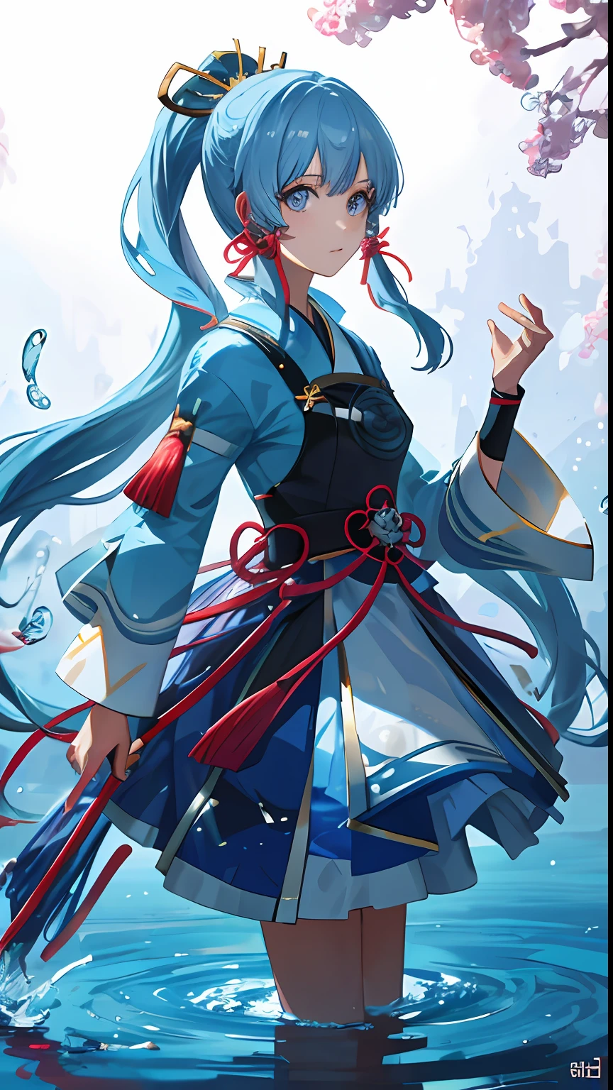 (Masterpiece), (Best quality), (Ultra detailed),(disheed hair),(illustration), (1girll), (Fashionable clothing),Full body photo ,standing, Fashion model, view the viewer, (interview), (Simple background),美丽细致的眼睛,Delicate beauty,afloat,(high saturated),(Colorful splashes),Colorful bubbles,(Shine),Focus on the face,pony tails,Ayaka Kamisato,lightblue hair,By bangs,Hair rings,Floating flowers,floated hair,(Shiny),best illuminate,Best shadow,