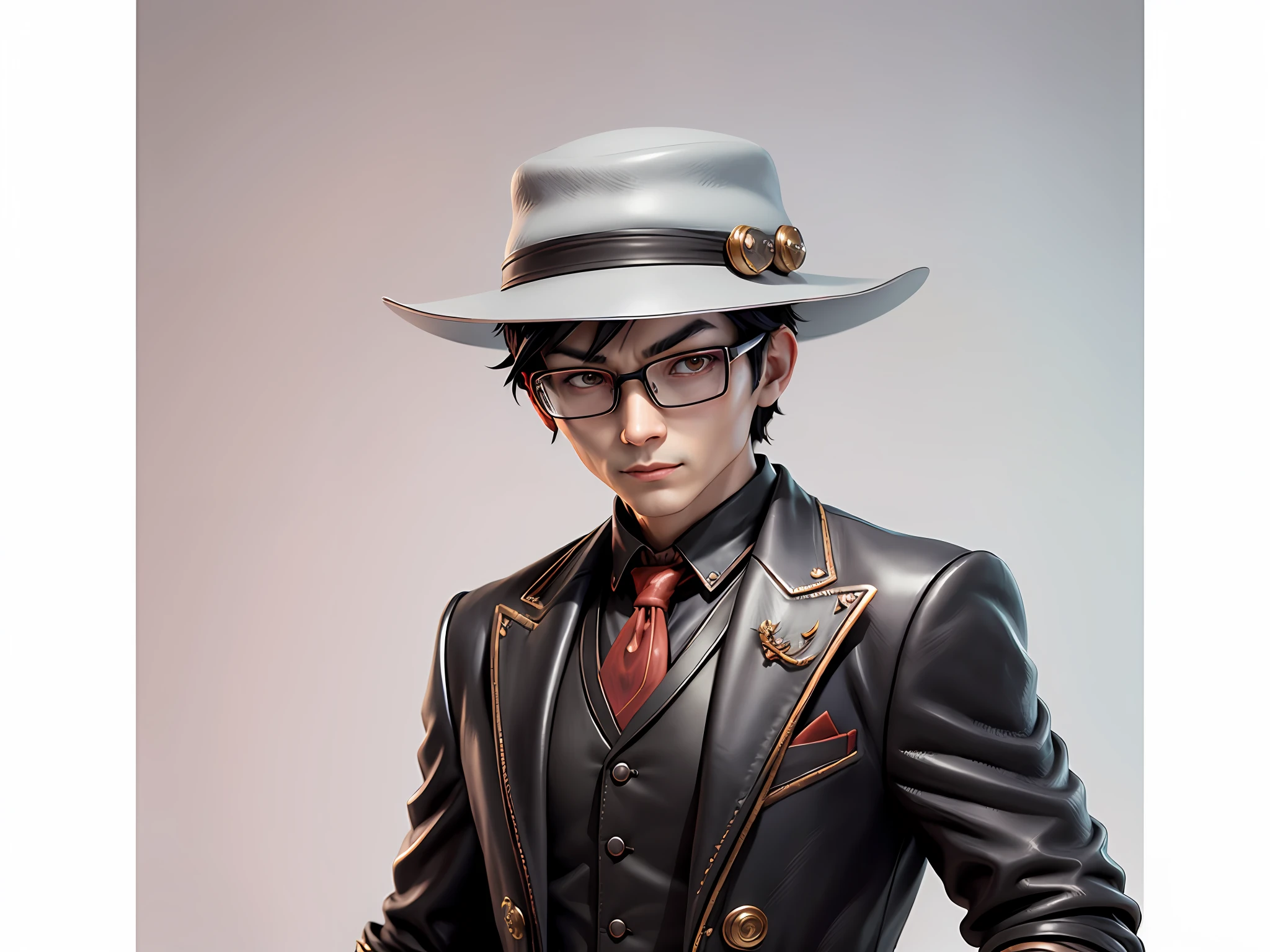 Young man with oriental face in leather hat, dragon, formal suit, short black hair, silver glasses, digital painting, 3D character design by Mark Clairedon and Pixar and Hayao Miyazaki and Akira Toriyama, the illustration is a high-definition illustration in 4K resolution with very detailed facial features and cartoon-style visuals.