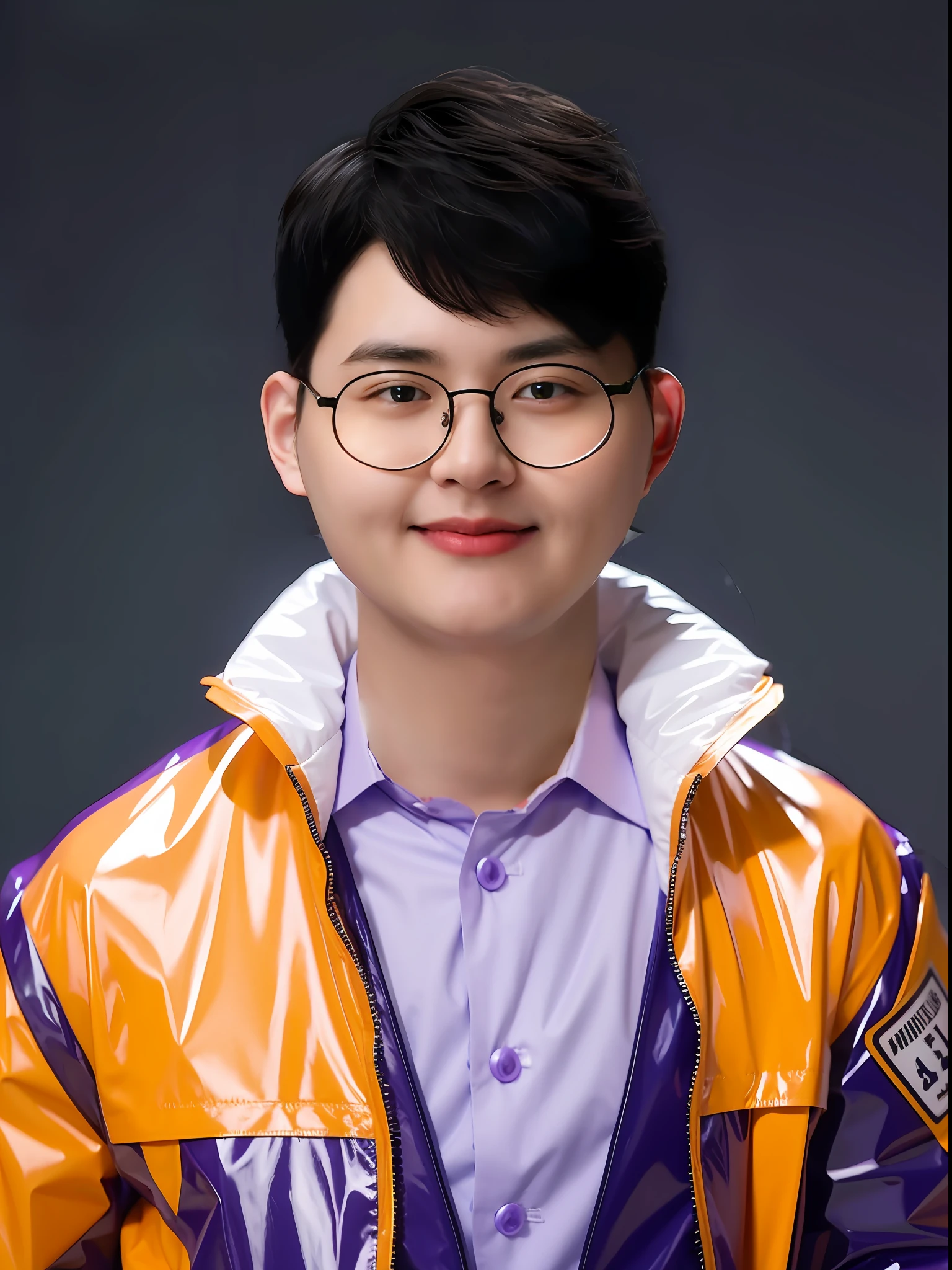 A Chinese male high school student，Wearing a PVC purple casual vest