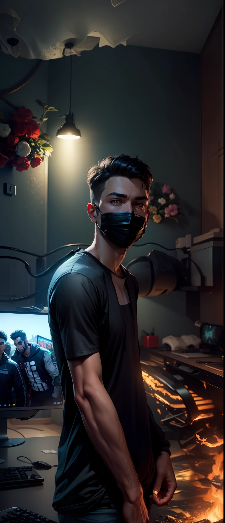 Handsome boy face smooth face realistic with face mask,8k ultra realistic gaming look