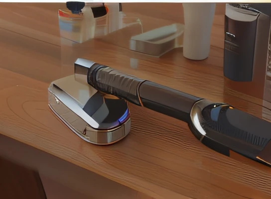 There are hair dryers and other beauty products on the table, Product photo, iconic design, Glossy surface, sleek flowing shapes, crisp smooth lines, dynamic angle shot, easy to use, mirror and glass surfaces, ✨🕌🌙, SleekDesign, high quality product photo, crisp smooth clean lines, highly polished, bottom angles, eye - level view, Perfect shading