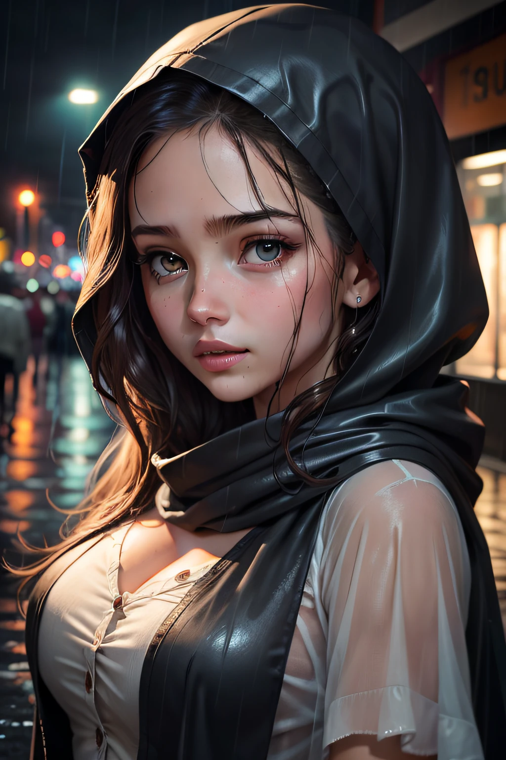 Girl in the Rain,Wet shawl hair,delicated face,Foto realism,Extremely sexy