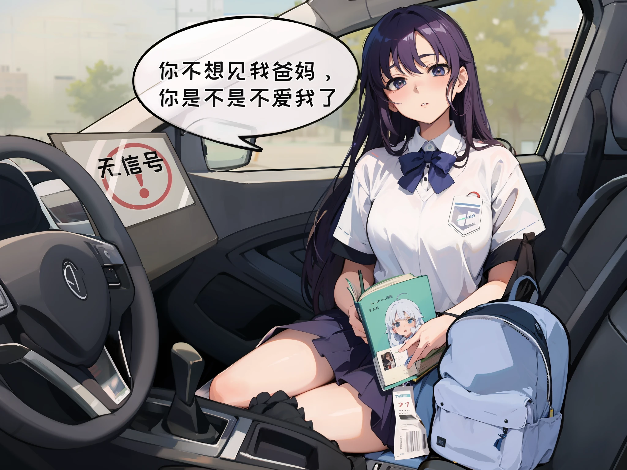 Anime girl sitting in the car，With a book on his lap, Beautiful Anime High School Girls, Surrealism female students, sits in her car, An anime cover, zmonzheng, in an anime style, Chiba Yuda, Realistic schoolgirl, Driving