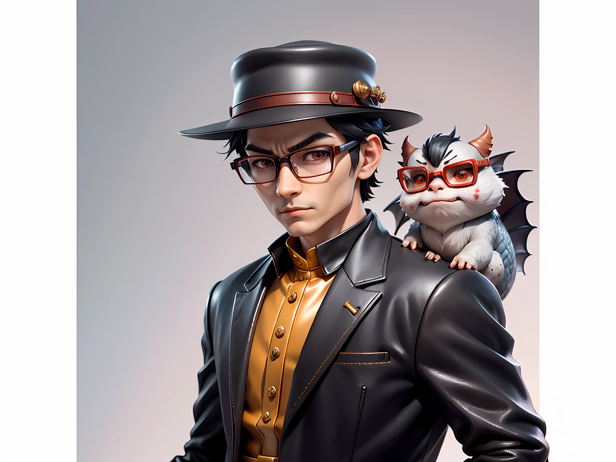 Young man with oriental face in leather hat, dragon, formal suit, short black hair, silver glasses, digital painting, 3D character design by Mark Clairedon and Pixar and Hayao Miyazaki and Akira Toriyama, the illustration is a high-definition illustration in 4K resolution with very detailed facial features and cartoon-style visuals.