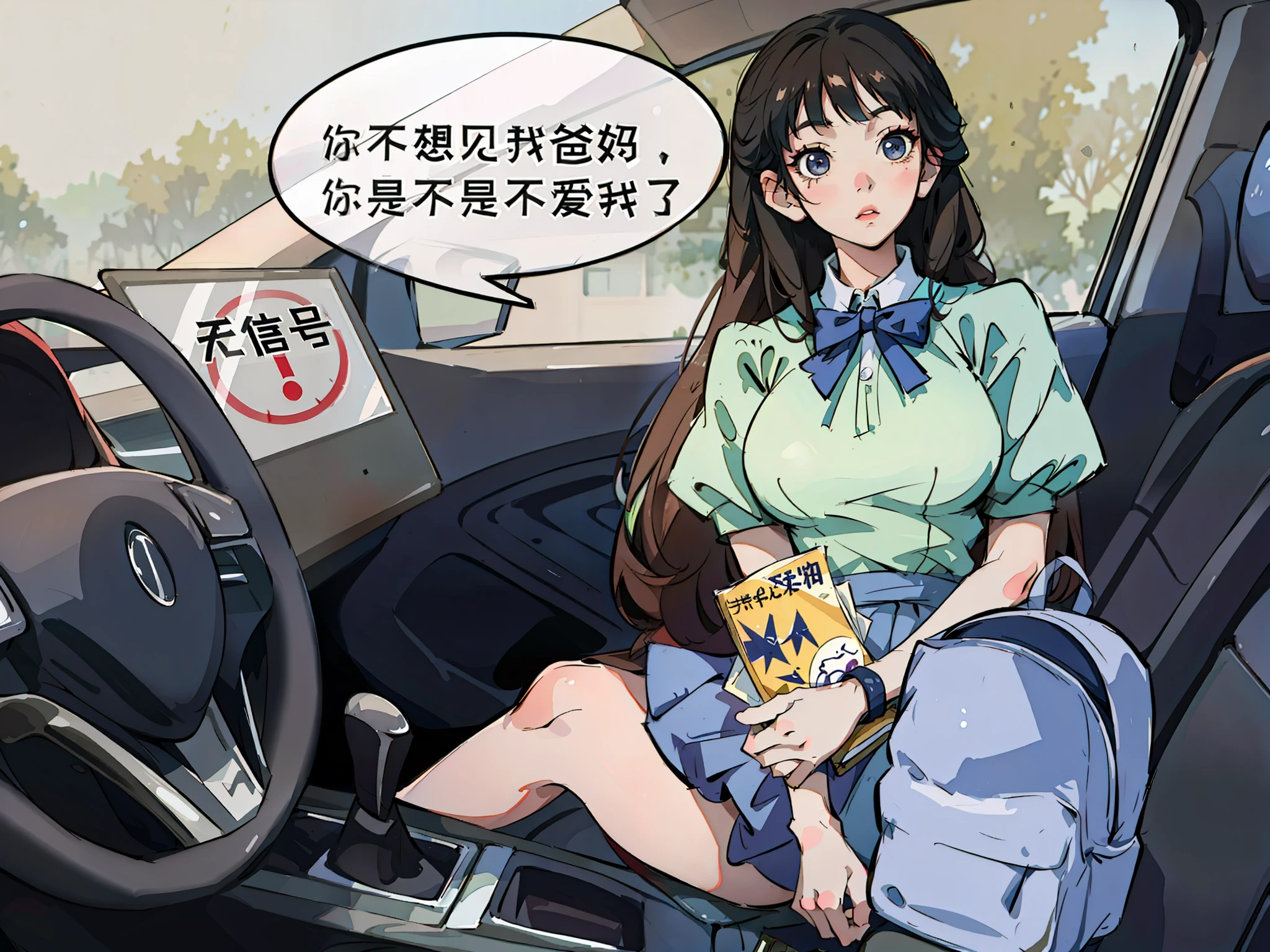Anime girl sitting in the car,With a book on his lap, Beautiful Anime High School Girls, Surrealism female students, sits in her car, An anime cover, zmonzheng, in an anime style, Driving