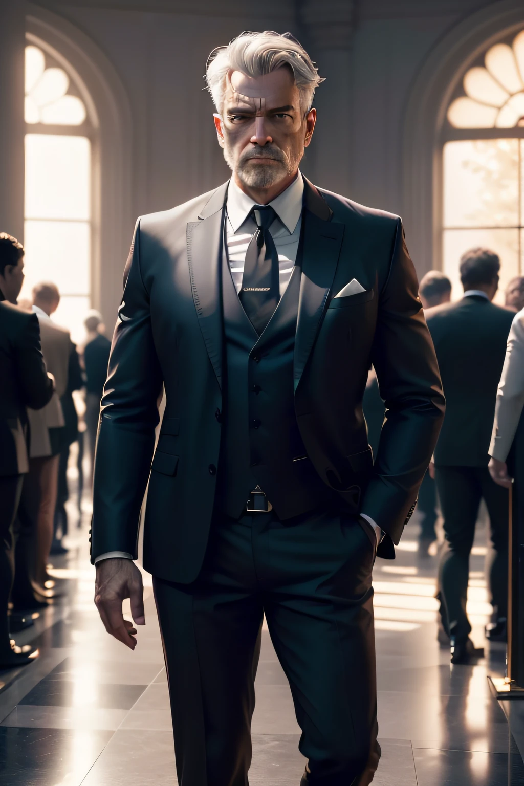 (CG Unity 8K wallpaper in extreme detail,tmasterpiece,Highest image quality),(Delicate light and shadow,The picture is highly dramatic,Cinematic lens effect),A middle-aged man,Fit and fit,The look is decadent,),(Exceptional detail,The lighting effect is outstanding,Vista wide angle),(Excellent rendering,Enough to stand out from the crowd)