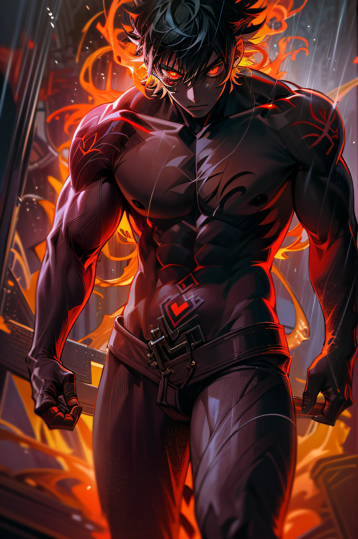 8k, complex, elegant, highly detailed, majestic, digital photography, surrealist painting, beating magic, winding flame, (masterpiece, side light, fine beautiful eyes: 1.2), HDR, (glowing red eyes)), naked upper body, (glowing tattoo), handsome boy, black hair, muscles, black skin, demon horn, raining, handsome, facing the camera, masterpiece