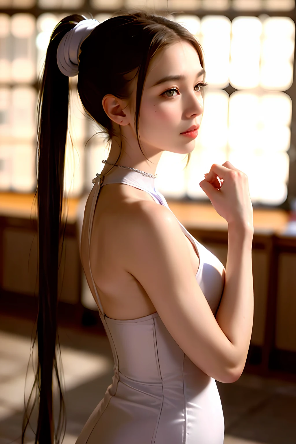 woman posing for a photo, (wearing deep_v-neck_dress:1.2), (long_ponytail_hairstyle:1.3),
good hand,4k, high-res, masterpiece, best quality, head:1.3,((Hasselblad photography)), finely detailed skin, sharp focus, (cinematic lighting), night, soft lighting, dynamic angle, [:(detailed face:1.2):0.2],(((5 stars hotel background))),