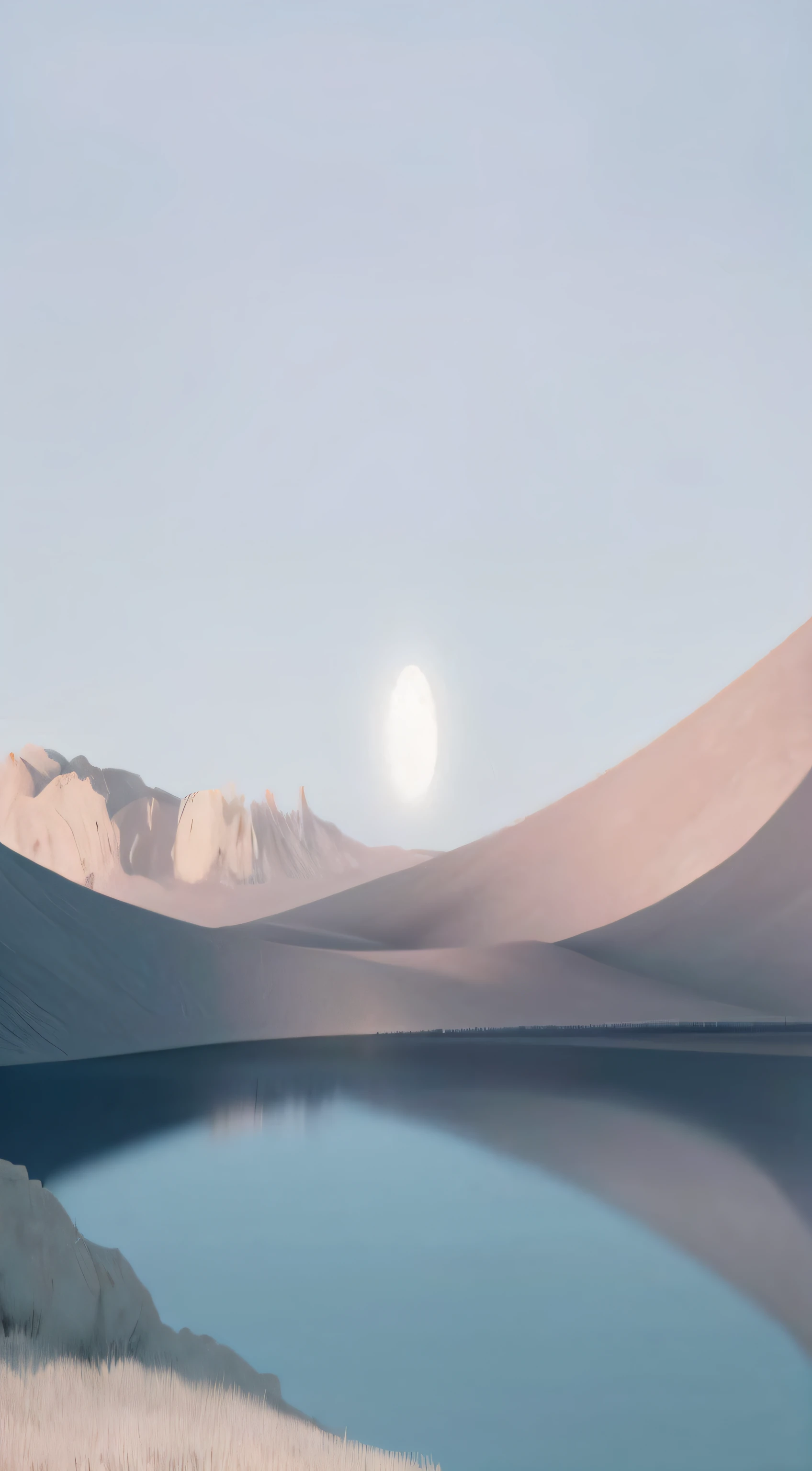 Araved view of a lake in the desert, ethereal landscape, sandy white moon landscape, Barren moon landscape, a surreal dream landscape, exoplanet landscape, landscape of an alien world, in a serene landscape, in a surreal dream landscape, In the desert oasis lake, artem demura beeple, peaceful scenery, an alien landscape view