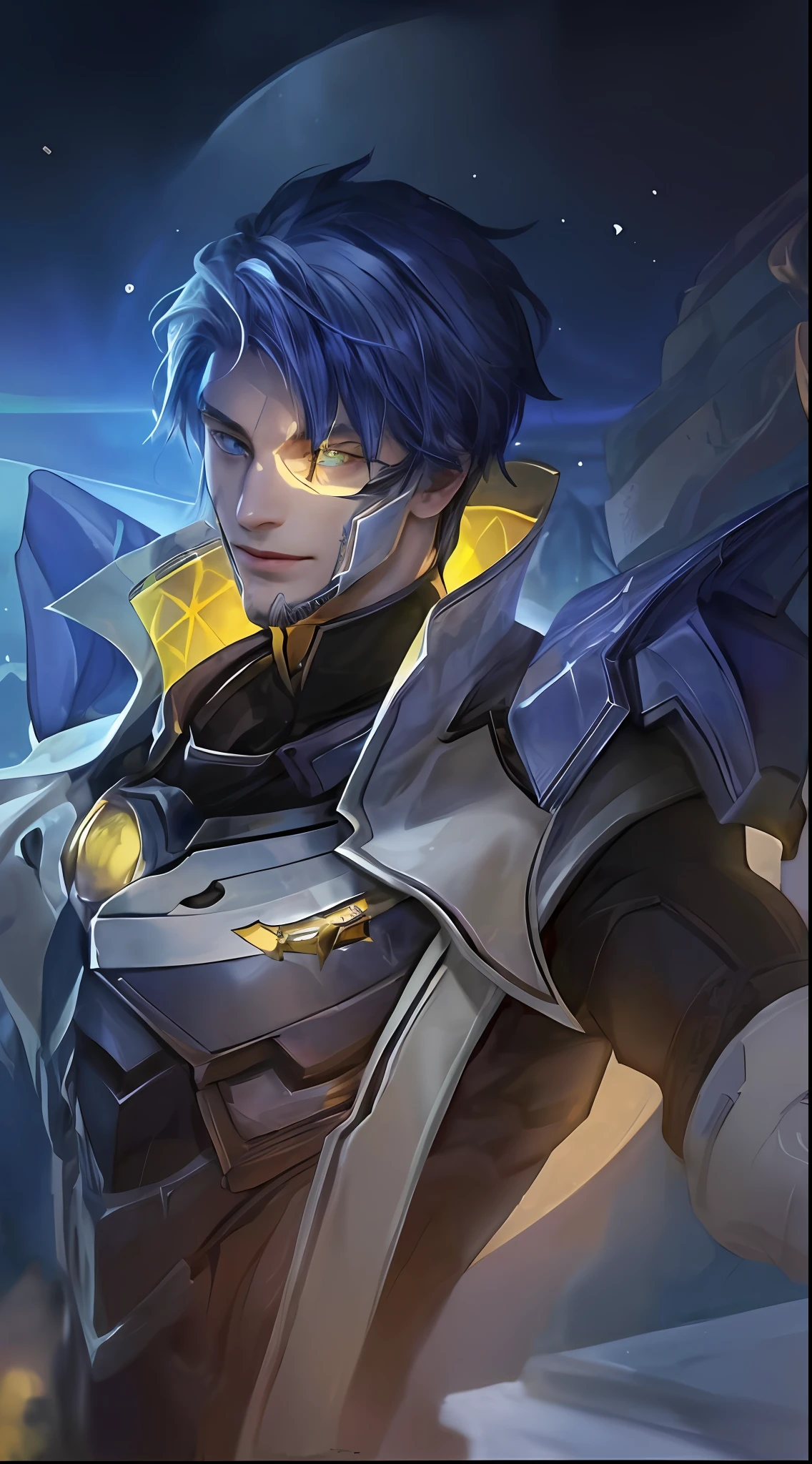 (Absurdres, Intricate Details, Masterpiece, Best Quality, High Resolution, 8k), 1 male, thin, young, aged up, masked, finely detailed eyes and face, auburn low-fade hair, amber eyes, portrait,  looking at viewer, solo, half shot, detailed background, (light fantasy theme:1.1),  focusing, mercenary,  sunshine, floating scraps,  color plate armor, divine aura, bright realistic lighting, marble castle, intense atmosphere, circlet, coat of arms,  brazier,  , Depth of Field, VFX. White hair, blue eyes,