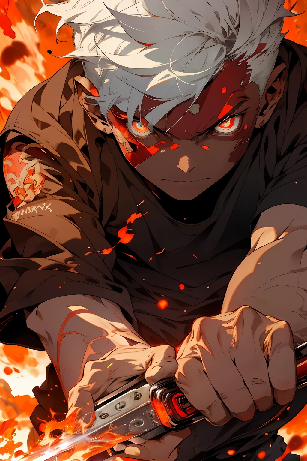 A boy with short white hair，red color eyes，machine arm，eyes glowing，Hold a red sword，Around the flames，Quietly gaze at you，Behind it is the city，8K，Lots of detail