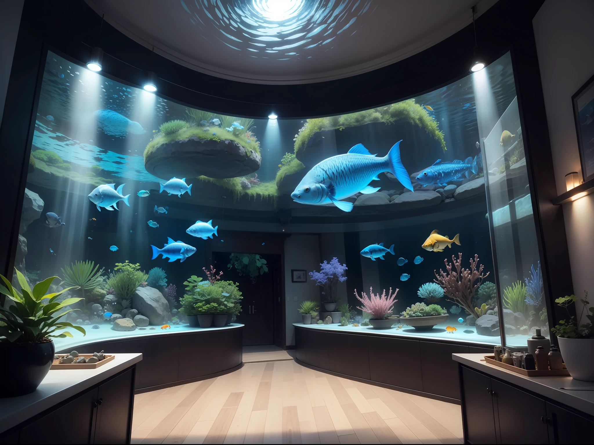 Viviparous fish since ancient times、Future cylindrical aquarium with a lot of coelacanths swimming、Blue Eying Fish、Spotlights from the ceiling、Large sink、boulders、Blue glowing jellyfish、aquariums