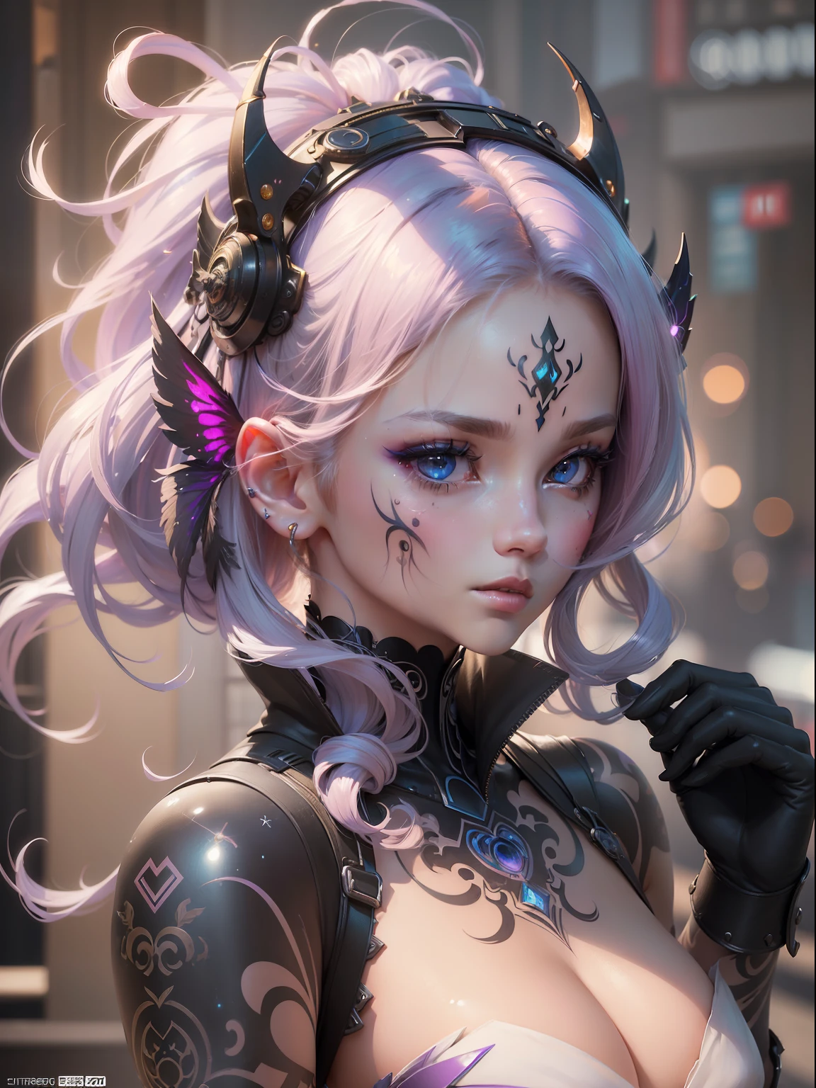 (((masterpiece)))、(((top-quality)))、((ultra-definition))、(High Definition CG Illustration)、((extremely delicate and beautiful))、Cyber City、Cinematic Light、tattooed、Body glitter、remodel、Girl with a shearing hairstyle、Unconventional、2080s、animesque、girl with、facepaint、face tattoos、trending on artstationh、Rachel Walker