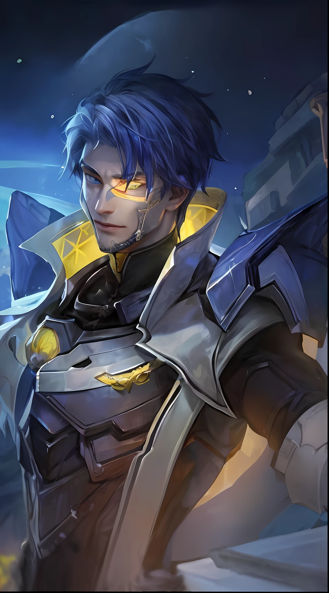 (Absurdres, Intricate Details, Masterpiece, Best Quality, High Resolution, 8k), 1 male, thin, young, aged up, masked, finely detailed eyes and face, auburn low-fade hair, amber eyes, portrait, looking at viewer, solo, half shot, detailed background, (light fantasy theme:1.1), focusing, mercenary, sunshine, floating scraps, color plate armor, divine aura, bright realistic lighting, marble castle, intense atmosphere, circlet, coat of arms, brazier, , Depth of Field, VFX. White hair, blue eyes,