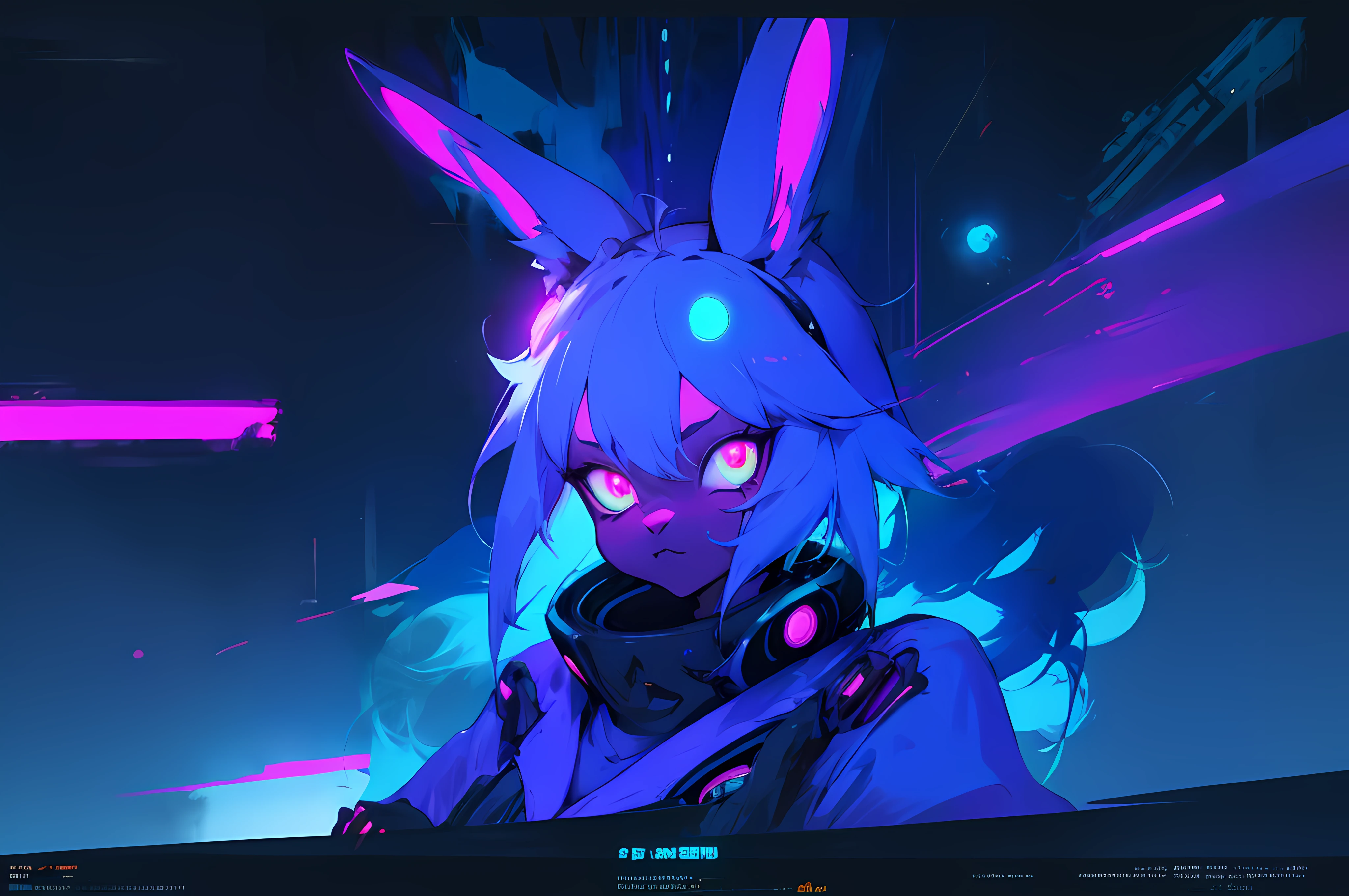 (vintage vhs), (crt screenshot), (Zen, Amy Sol style), (((blue anthro kemono furry rabbit))), underground cavern shining flashlight in old ruins, scene from a show about a blue anthro furry kemono rabbit who investigates deep space crime, (vast decrepit scenery:1.2) blame! style, nightmarish illustration, glowing eyes everywhere, intense eye contact, hybrid human / anthro, electrixbunny, rabbit anthro portrait, ((portrait)), bunnypunk, weirdcore voidpunk fursona, wearing bunny ears, cover art with light abstraction, abstract, simple vector art, contemporary Cybernetic art, color gradients, soft color palettes, layered forms, whimsical animation, style Ethereal abstract, 4K, , anime character with futuristic hair and glowing eyes in a dark room, digital cyberpunk anime art, anime style 4 k, digital cyberpunk - anime art, anime mecha aesthetic, digital cyberpunk anime!!, anime cyberpunk art, fully robotic!! catgirl, hyper concept art, cyberpunk anime girl mech, portrait anime space cadet girl, wearing cybernetic bunny ears --v6