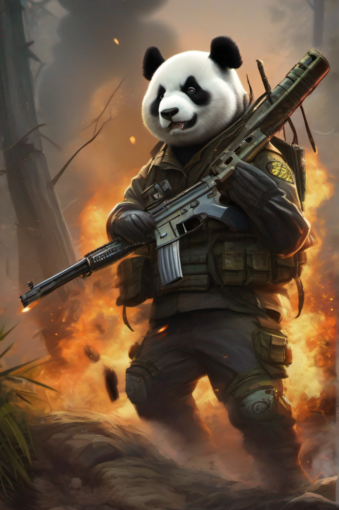 tmasterpiece,ultra-clear,Chinese Panda,anthropomorphic turtle,Combat posture,angry look,A few bamboo leaves are biting into his mouth,Heavy machine gun in hand,Angrily look forward,Tactical vests,Loaded with ammunition,Background of burning fire,photore