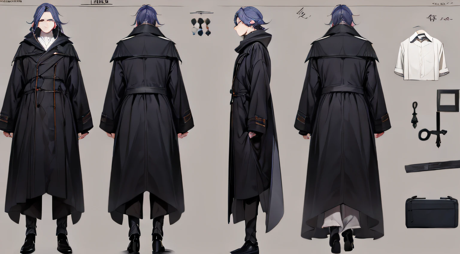 ((tmasterpiece)),(((best qualtiy))),(character design sheet,Same role,frontage,Lateral face,on back),1man,独奏,middle score,Lunette de soleil,tmasterpiece,best qualtiy,looking around a corner,full bodyesbian,HEIGHT 185CM,A detailed,apathy,raincoat,Black suitcase,Charturnbetalora,concept-art,concept art of character,Character sketches,reference sheet,Role table,(simplebackground,white backgrounid: 1.3)