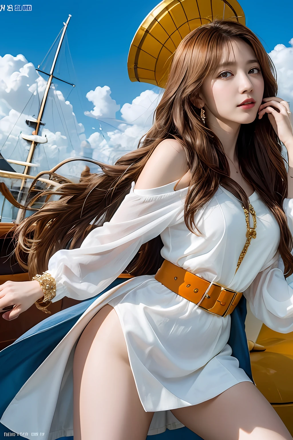 (((masterpiece+best quality+high resolution+ultra-detailed))), Nami\(one piece\), long silky orange hair, high nose, sharp eyes, noble and inviolable temperament, (([female]: 1.2 + [beauty]: 1.2 + orange long hair: 1.2)), pirate ship background, ((she is holding a clima-tact)), blue sky, gold bracelets, clouds, white long sleeve mini dress and donned another belt, shoulder tattoo, bright eyes, dynamic angle and posture.