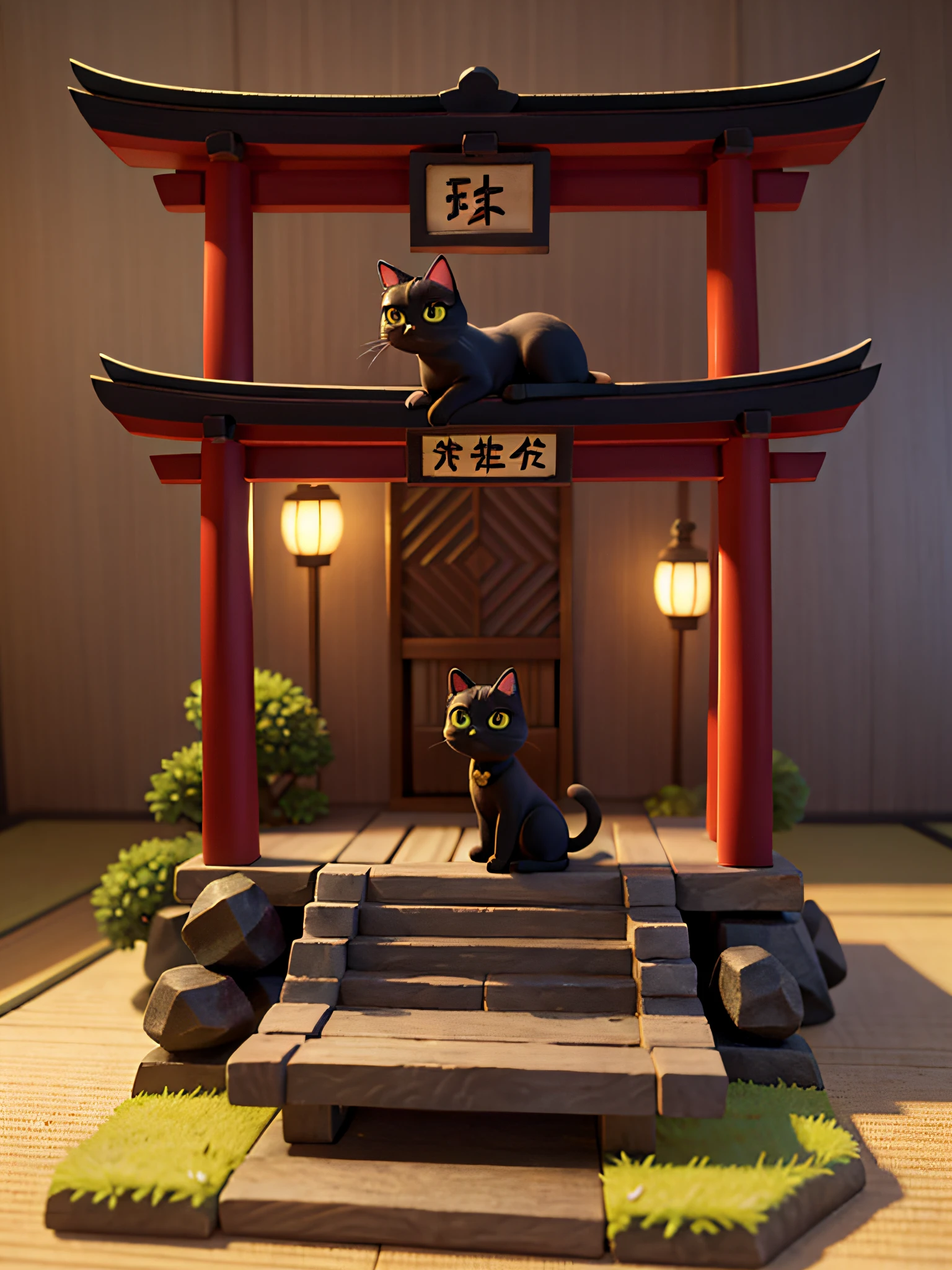 a cat,cute cat,one body,one head,singl face,toy,vignette figure,whole body、1 cat、Cute Cat Figure、Ultra Precise Cat Figure、Deformed cat、Sparkling eyes、Cat whole body、Output image quality（add detail、The ultra -The high-definition、Masterpiece、hight resolution、8K、Award-winning works）、(intricate-detail、ultra-detailliert:1.2)、Cinematic Shots、vignettes、central、japanic style、pure Japanese style、japanese aesthetic、Traditional Japan culture、torii gate、Stone approach、pine trees、willow trees、black cat、Chic impression、Muted shades、gentle shades、Attractive composition、Attractive lighting、depth of fields、diorama
