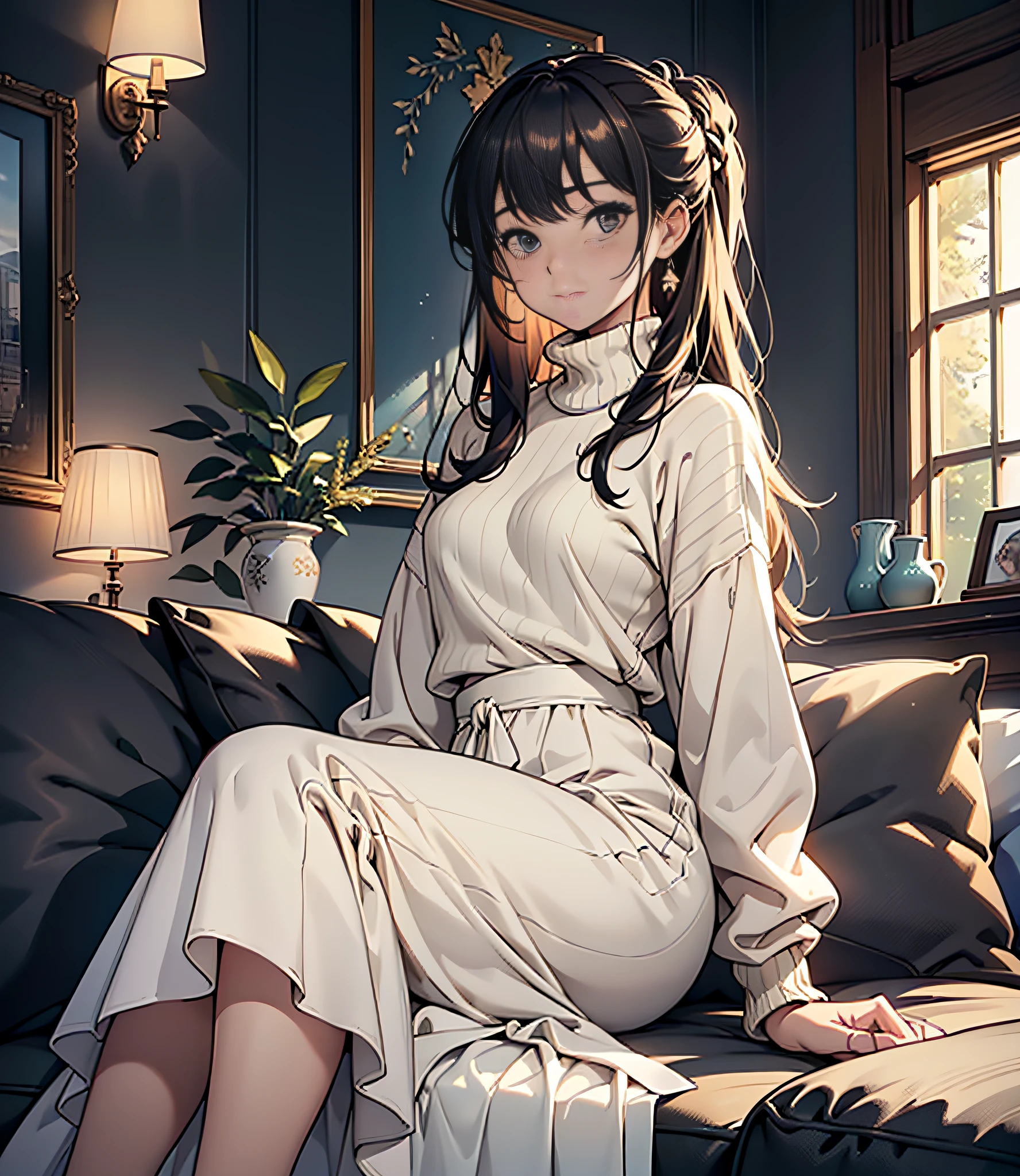 (absurderes、hight resolution、ultra-detailliert)、(the Extremely Detailed CG Unity 8K Wallpapers、Beautifully Aesthetic:1.2)、(1girl in:1.3)、Lady、独奏、The upper part of the body、rcasual、It features a simple、Natural Fabric、Sit up、knit、Lace Long Skirt、white shirt、Brownish、If you have a photo、Hold in hand、Plain clothe、a room、sit on sofa、Mystical lighting、Ethereal Atmosphere、livingroom、dressed casually, Sweaters, turtle neck、closed clothes、natural soft light、、frontage
