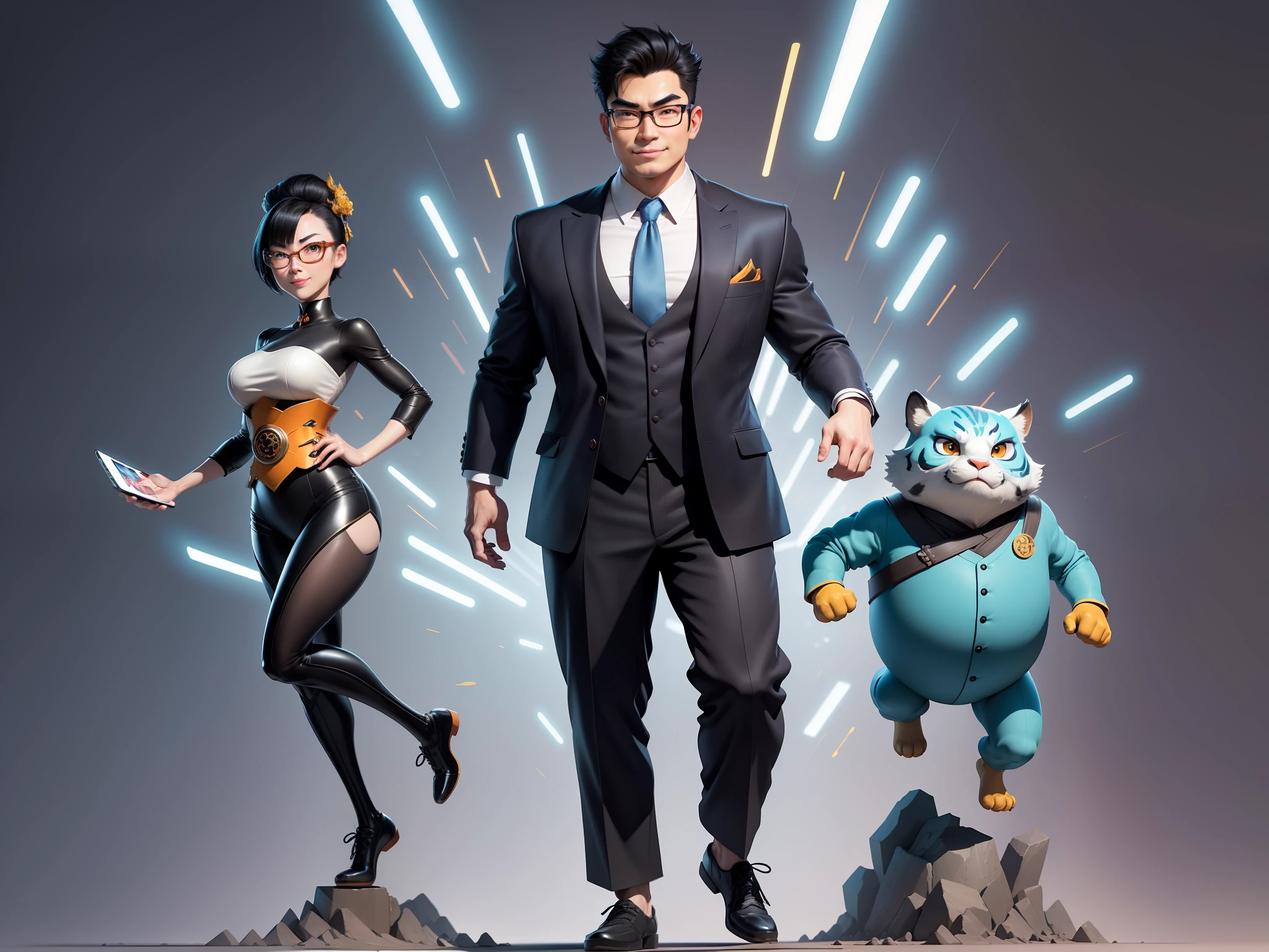 (Masterpiece), (Excellent), (Super Meticulous), (Full Body: 1.2), Super Young Man with Japanese Female Geisha, Pretty, Beautiful, Chinese Dragon, Tiger, Wind God Thor, Sexy, Bursting, Oriental Face, TV Anchor, Bust Portrait Illustration, Black Suit, Blue Tie, Slightly Chubby Face, Silver Glasses, Very Clean Face, No Beard on Chin, Black Super Short Hair, Black Eyes, Confident Smile, 3c Computer Sub-Products, iPad, iPhone, Digital Painting, 3D character design by Mark Clairedon and Pixar and Hayao Miyazaki and Akira Toriyama, the illustrations are HD illustrations in 4K resolution with highly detailed facial features and cartoon-style visuals.