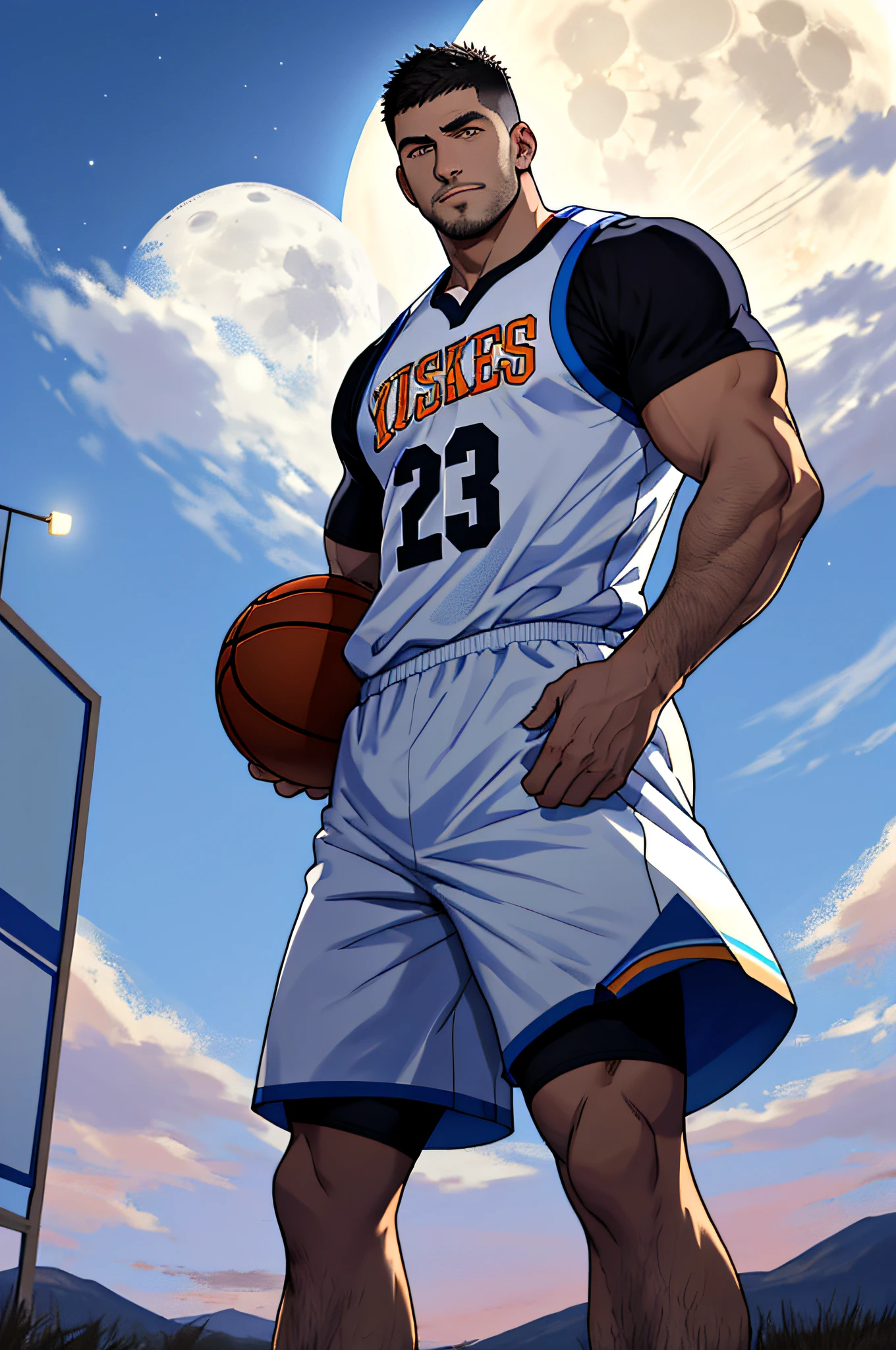 Draw a mature basketball player，Standing on the steppe at night，He wears a basketball uniform and basketball shoes，The man looks confident and determined，looking-down，Crew cut，full bodyesbian，shooting from below，Big moon highlights background