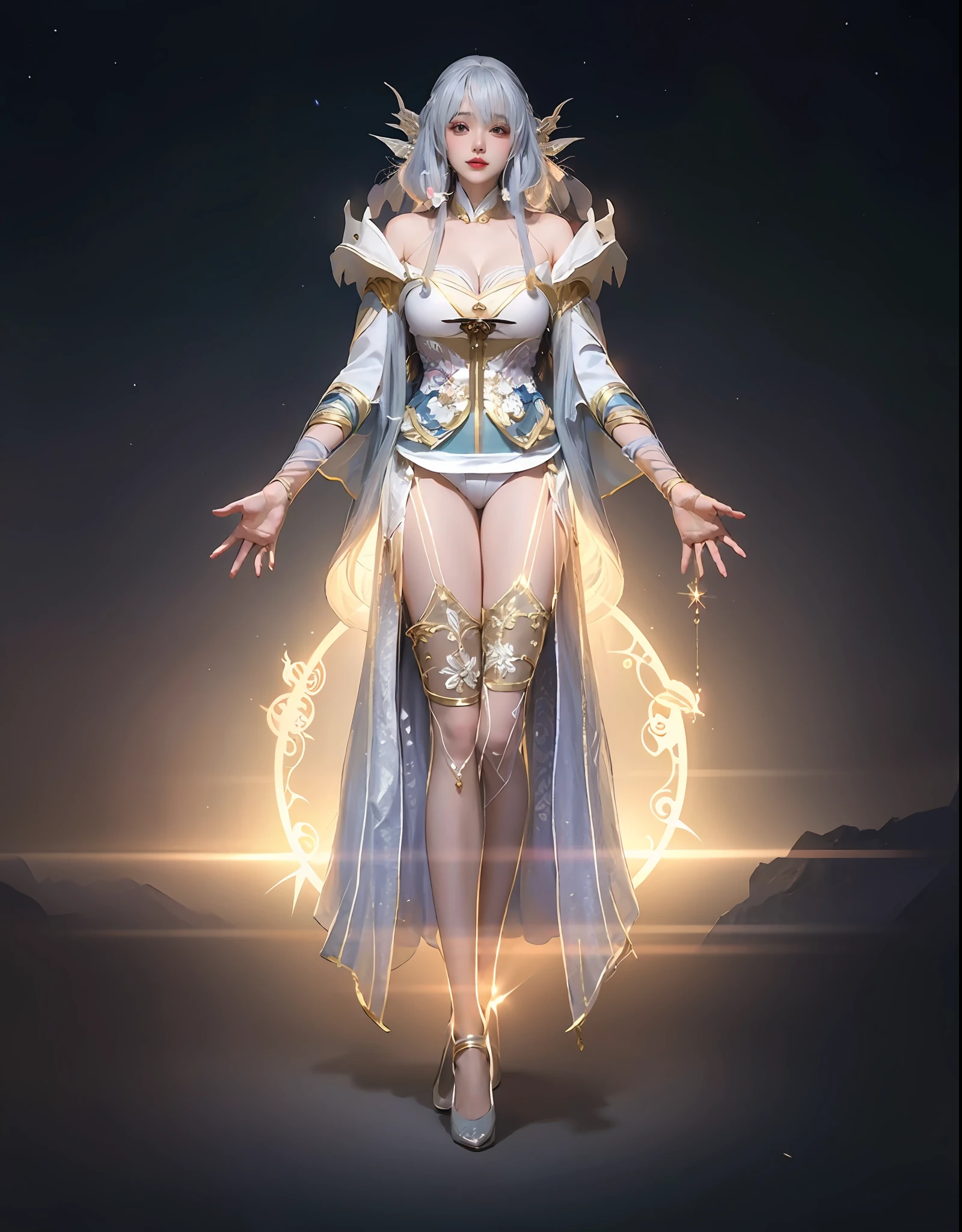 Close-up of a woman in costume on stage，full-body xianxia，beautiful celestial mage，Amazing young ethereal characters，a beautiful fantasy empress，astral witch clothes，shaxi，A flowing magic robe，white hanfu，xianxia fantasy，Beauty Delfin，Ethereal fantasy，Elegant and charming cosplay