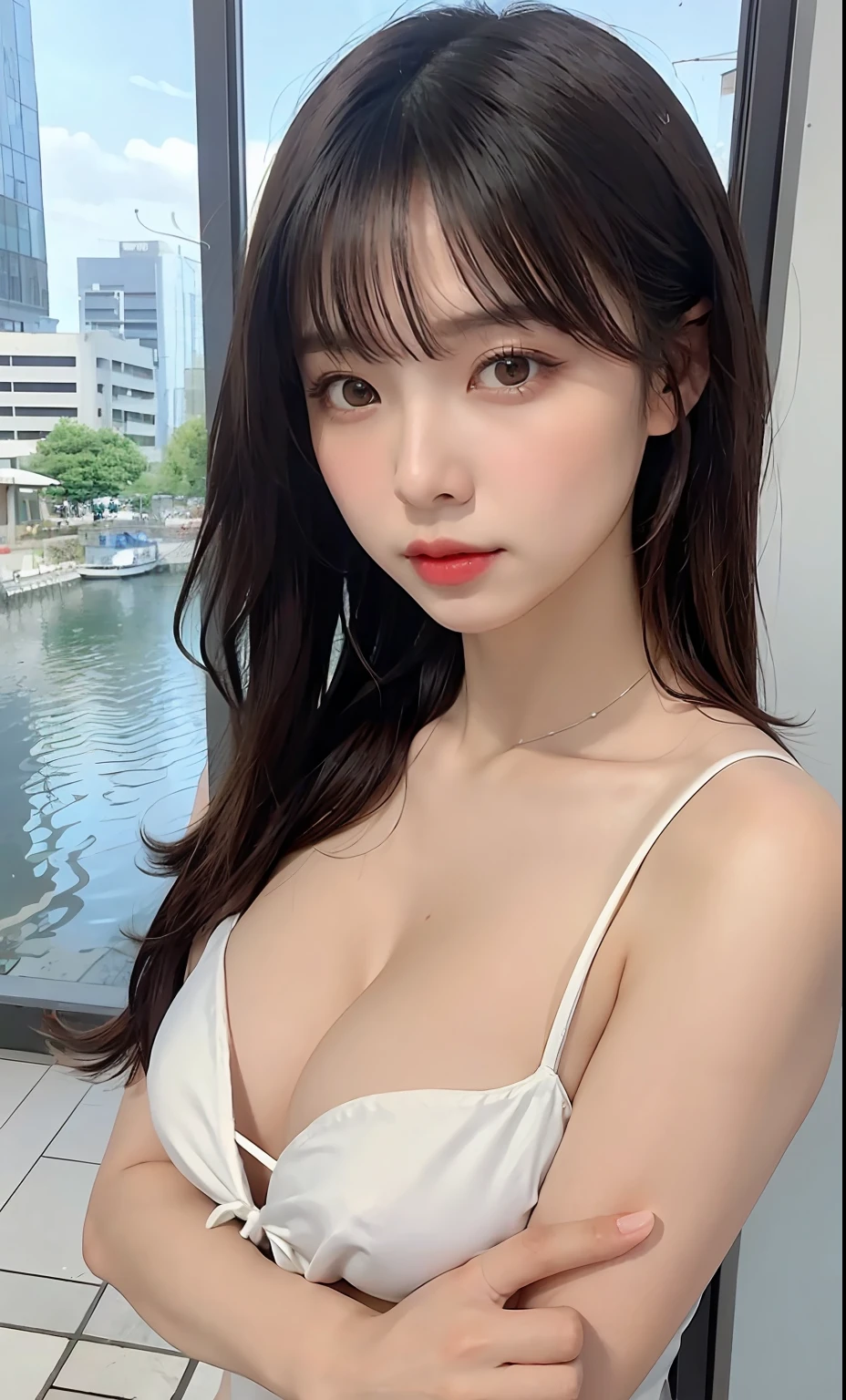 Japan woman in swimsuit、dirk brown colored hair、large full breasts、Slightly wet chest、(((areolae slip)))、((puffy niples))、Cleavage mole、Valley、japanaese girl、beautiful japanese female、Gorgeous young Korean woman、beautiful young japanese woman、Asian girl with long hair、Young adorable Japan face、Portrait of a female Japan idol、Women in Japan、poneyTail、Popular Korean Makeup、 Cityscape, natta, (8K, Raw photography, top-quality, masterpiece: 1.45), (NSFW:1.25), ulzzangs, ulzzang -6500-v1.1, pureerosface_v1,