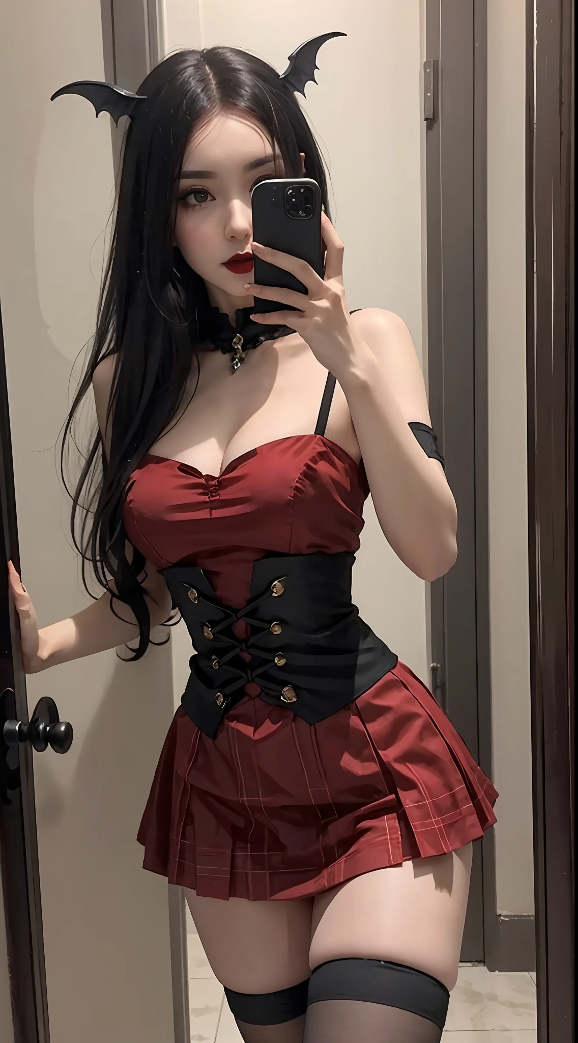 There was a woman in a black and red dress！Take a selfie in front of the mirror, elegant glamourous cosplay, A ballet dancer, wearing a gothic dress, Anime girl cosplay, very beautiful goth top model, Elegant Gothic princess, Black and red, amouranth, thighhighs and skirt, gothic clothing, succubus in tight kilt, **** in dress, creepy pose, fantasyoutfit