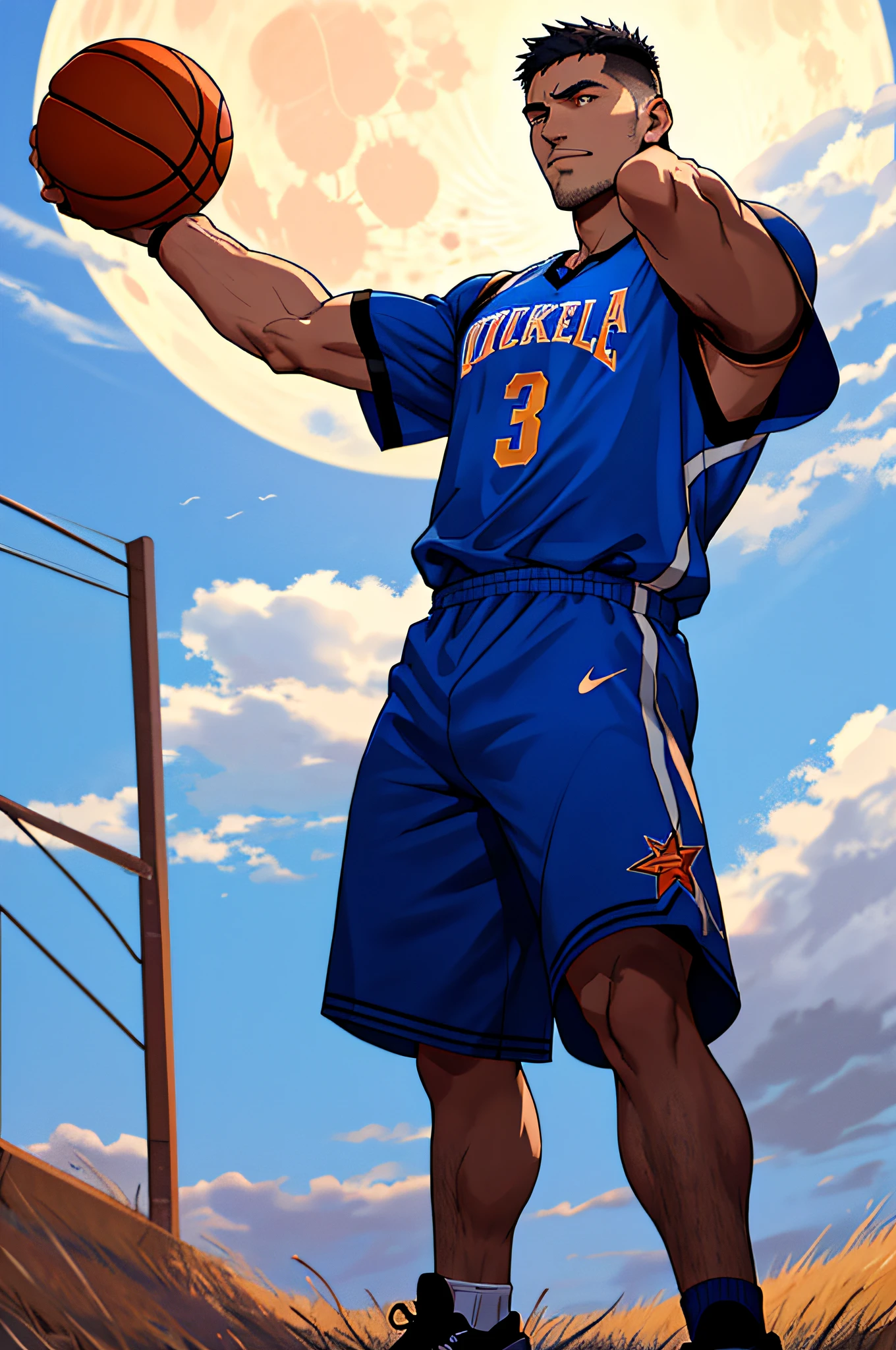 Draw a mature basketball player,Standing on the steppe at night,He wears a basketball uniform and basketball shoes,The man looks confident and determined,looking-down,Crew cut,full bodyesbian,shooting from below,Big moon highlights background