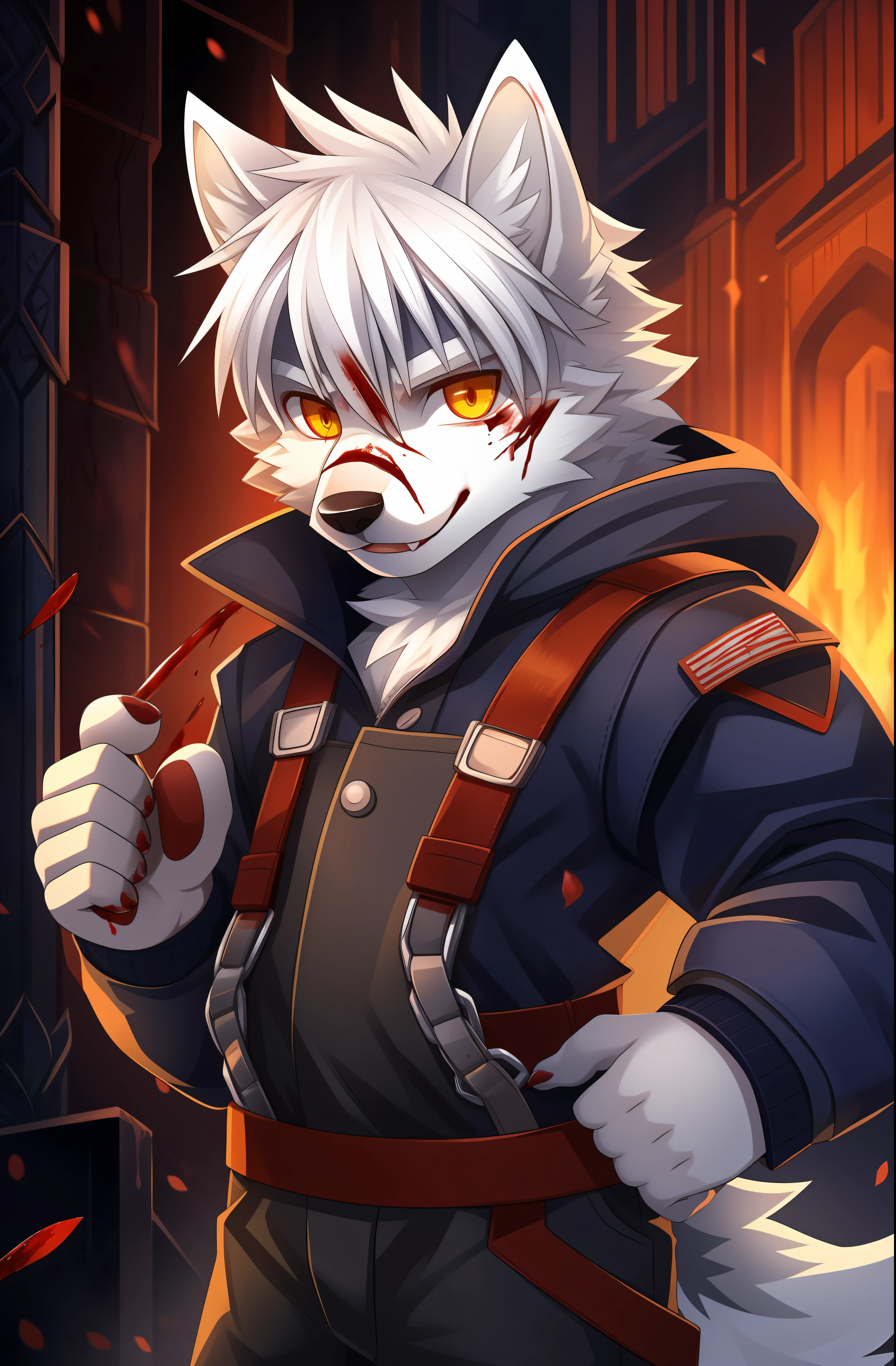 terroral,blood vess,blood on body,The corners of his mouth were stained with blood,solo person,White body,White ears,White hair,White fur,Overall white,Orange-yellow eyes,Wolf tail,Wolf orcs,Wolf paws,Young,Wear a jacket,Ultra-clear screen,Soft lines