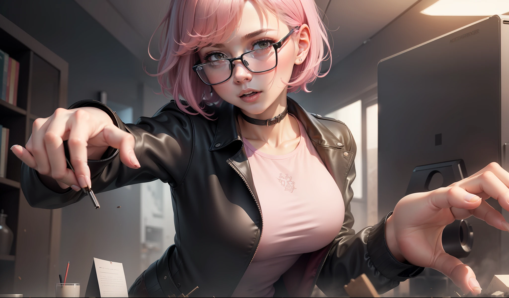 ((masterpiece, best quality)),illustration,ultra detailed 8k,photorealistic,sharp focus,highly detailed,professional,girl, white glasses,short hair, black and pink hair, black long sleeve shirt, pink jacket, black trousers, sexy body, futuristic room,black long sleeve shirt  girl, pink jacket,