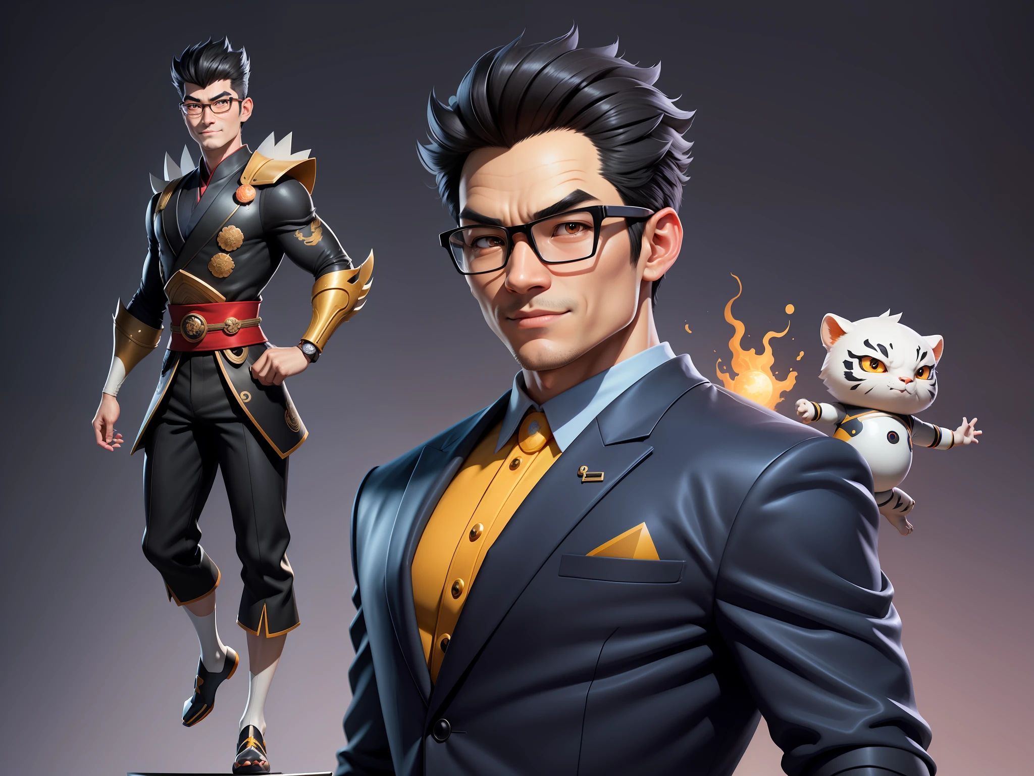 (Masterpiece), (Excellent), (Super Meticulous), (Full Body: 1.2), Super Young Man with Japanese Female Geisha, Pretty, Beautiful, Chinese Dragon, Tiger, Wind God Thor, Sexy, Bursting, Oriental Face, TV Anchor, Bust Portrait Illustration, Black Suit, Blue Tie, Slightly Chubby Face, Silver Glasses, Very Clean Face, No Beard on Chin, Black Super Short Hair, Black Eyes, Confident Smile, 3c Computer Sub-Products, iPad, iPhone, Digital Painting, 3D character design by Mark Clairedon and Pixar and Hayao Miyazaki and Akira Toriyama, the illustrations are HD illustrations in 4K resolution with highly detailed facial features and cartoon-style visuals.