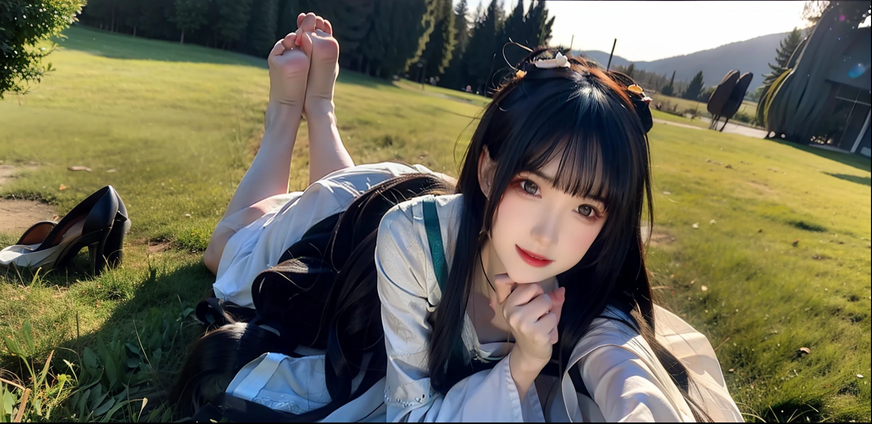 Kizi,exteriors,silber hair,Green grasslands,cinematric light,chase,the setting sun,rays of moonlight,Flashlight