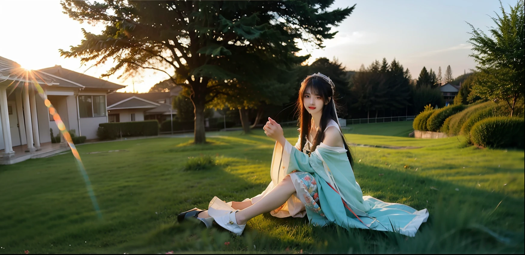 Kizi,exteriors,silber hair,Green grasslands,cinematric light,chase,the setting sun,rays of moonlight,Flashlight