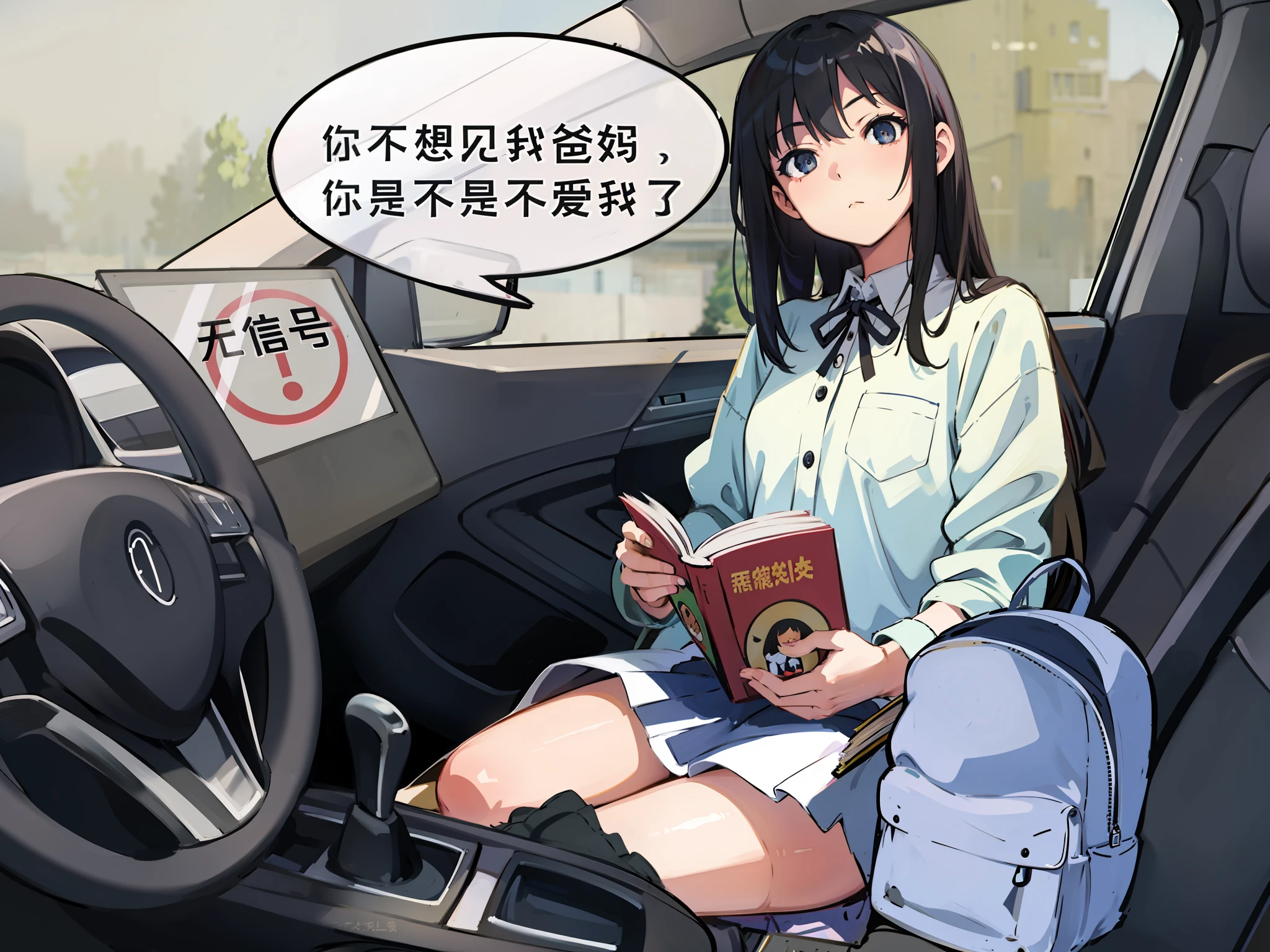 Anime girl sitting in the car,(black hair),cute girl,With a book on his lap, Beautiful Anime High School Girls, Surrealism female students, sits in her car, An anime cover, zmonzheng, in an anime style, Driving