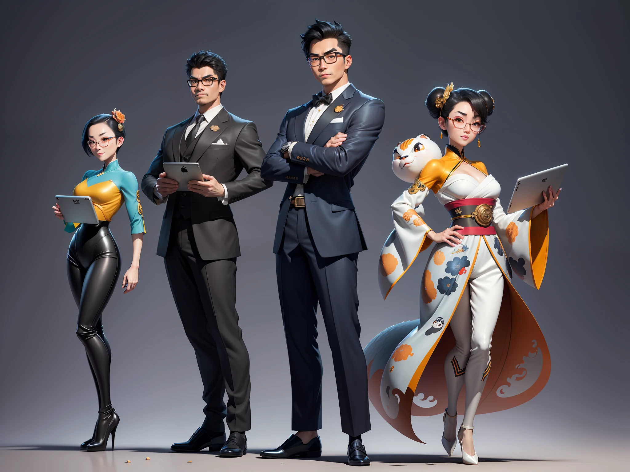 (Masterpiece), (Excellent), (Super Meticulous), (Full Body: 1.2), Super Young Man with Japanese Female Geisha, Pretty, Beautiful, Chinese Dragon, Tiger, Wind God Thor, Sexy, Bursting, Oriental Face, TV Anchor, Bust Portrait Illustration, Black Suit, Blue Tie, Slightly Chubby Face, Silver Glasses, Very Clean Face, No Beard on Chin, Black Super Short Hair, Black Eyes, Confident Smile, 3c Computer Sub-Products, iPad, iPhone, Digital Painting, 3D character design by Mark Clairedon and Pixar and Hayao Miyazaki and Akira Toriyama, the illustrations are HD illustrations in 4K resolution with highly detailed facial features and cartoon-style visuals.