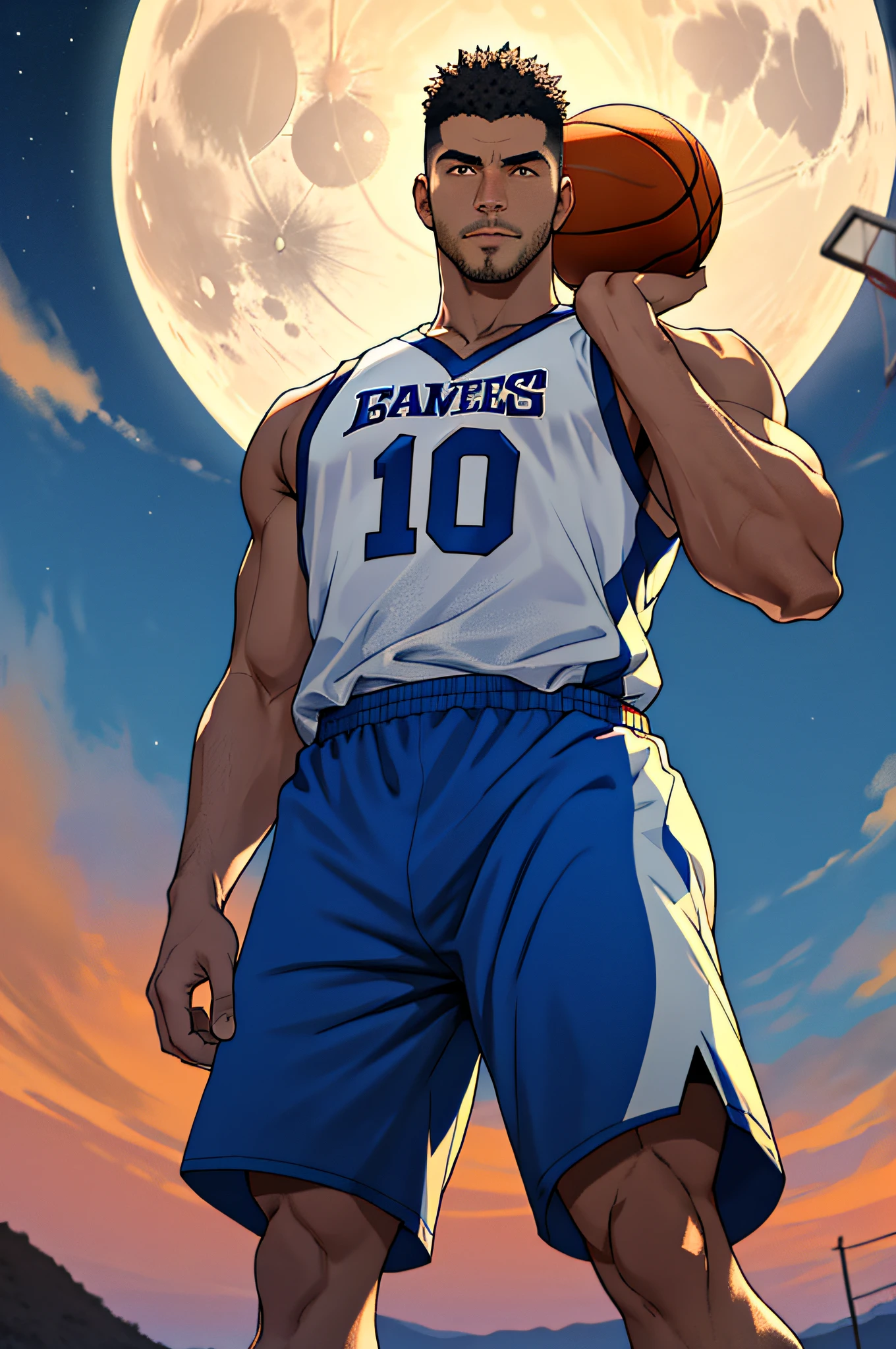 Draw a mature basketball player，Standing on the steppe at night，He wears a basketball uniform and basketball shoes，The man looks confident and determined，looking-down，Crew cut，full bodyesbian，shooting from below，Big moon highlights background