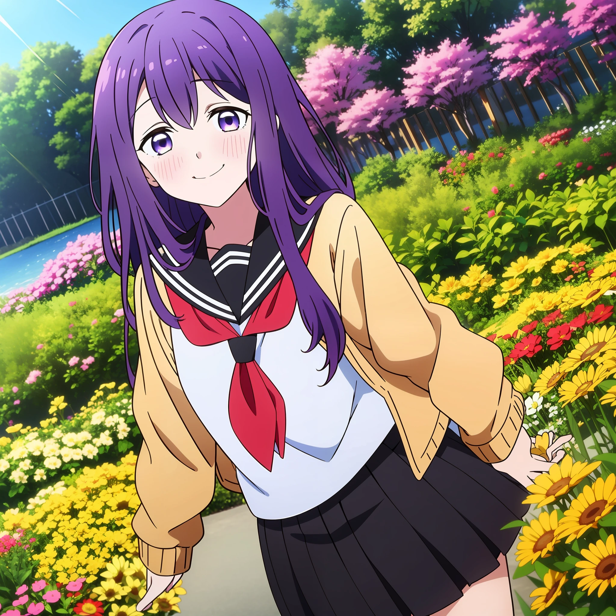 best quality, kubo_san,1girl, white serafuku, black sailor collar, red neckerchief, yellow cardigan, long purple hair, purple eyes, smile, blush,((black school short skirt)), upper body, outdoors, flowers ,park, lake, sunshine