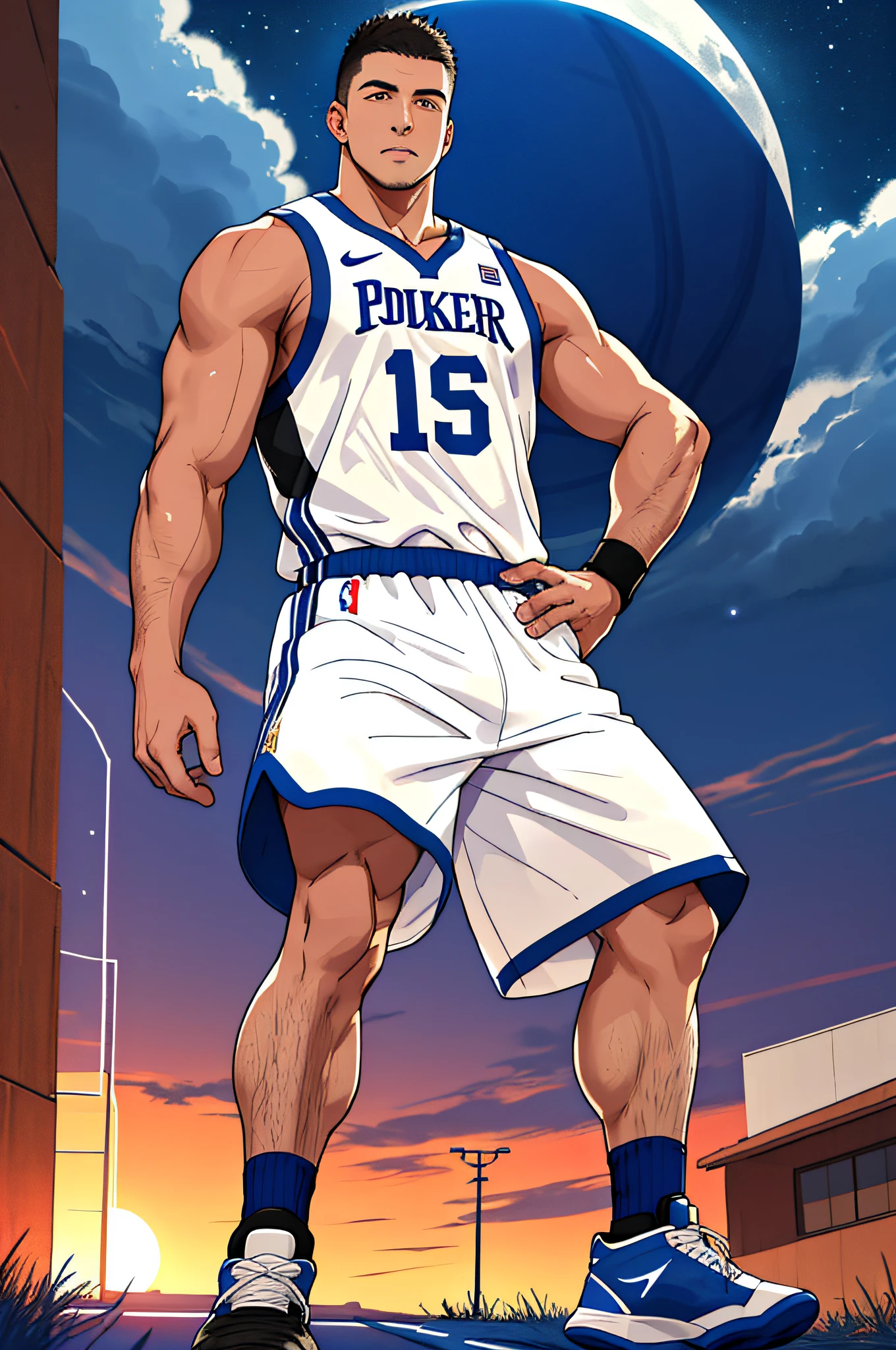 Draw a mature basketball player，Standing on the steppe at night，He wears a basketball uniform and basketball shoes，The man looks confident and determined，looking-down，Crew cut，full bodyesbian，shooting from below，Big moon highlights background