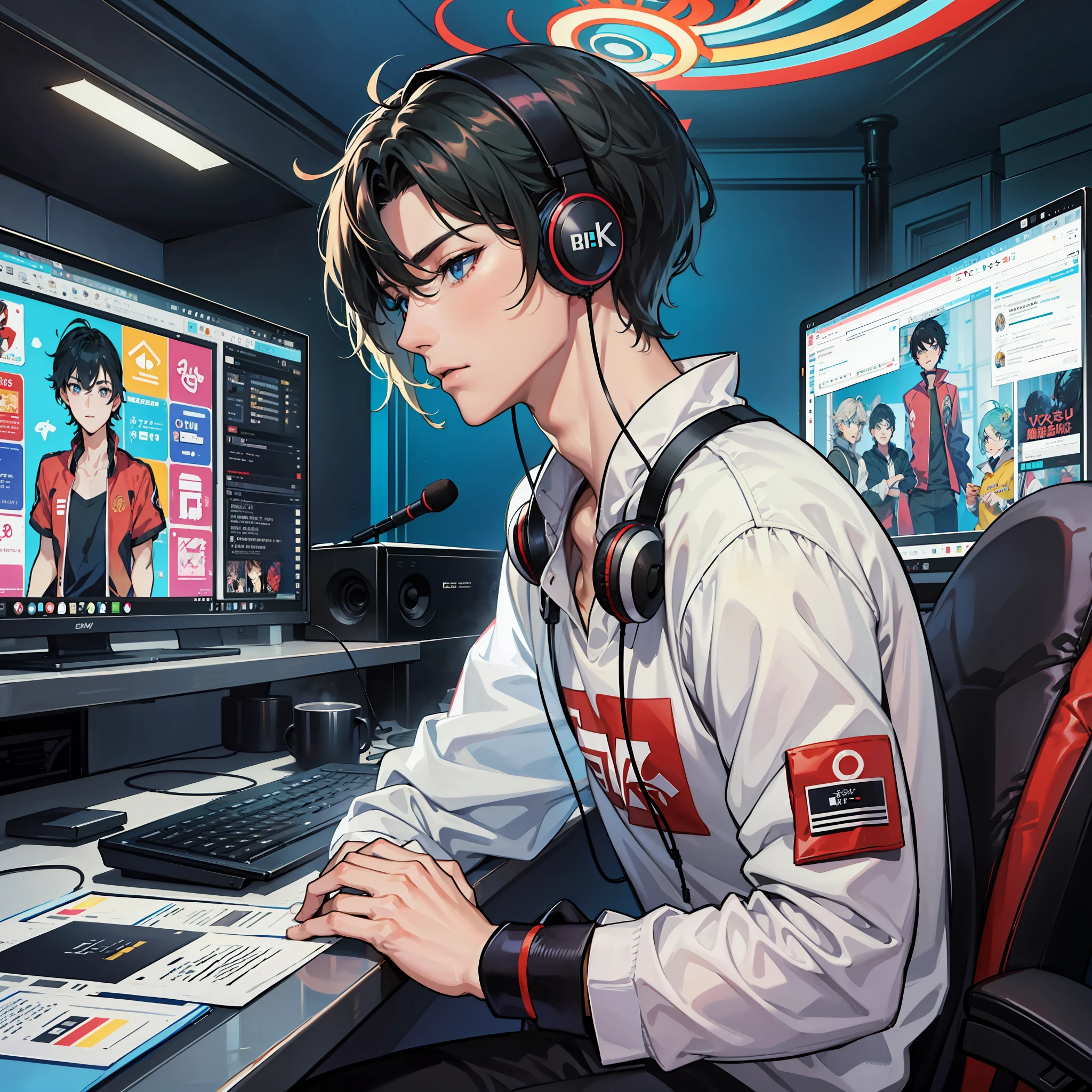 Anime boy calls to talk, ig studios anime style, nightcore, style of anime4 K, High quality anime art style, Anime boy, young anime man, Anime art style, Digital anime illustration, Anime style. 8K, in an anime style, male anime character, Kawasi，best qualtiy：1.0），（超高分辨率：1.0），Anime boys，with short black hair，blue color eyes，sitting in front of the computer，Speak into the microphone，The background is in the esports room，Earphone，The head is close to the microphone,8K