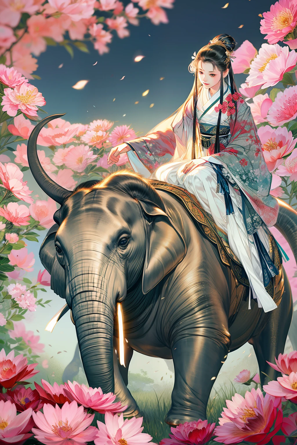 Movie Angle,(anatomy correct,Hanfu girl riding on a giant elephant,Masterpiece camellia,Representative works Hanfu,ssmile),Sea of flowers in the background,(illustratio,paper art,3Drenderingof),(plethora of colors,Best quality,high detal,tmasterpiece,Cinematic lighting effects,4K,Chiaroscuro