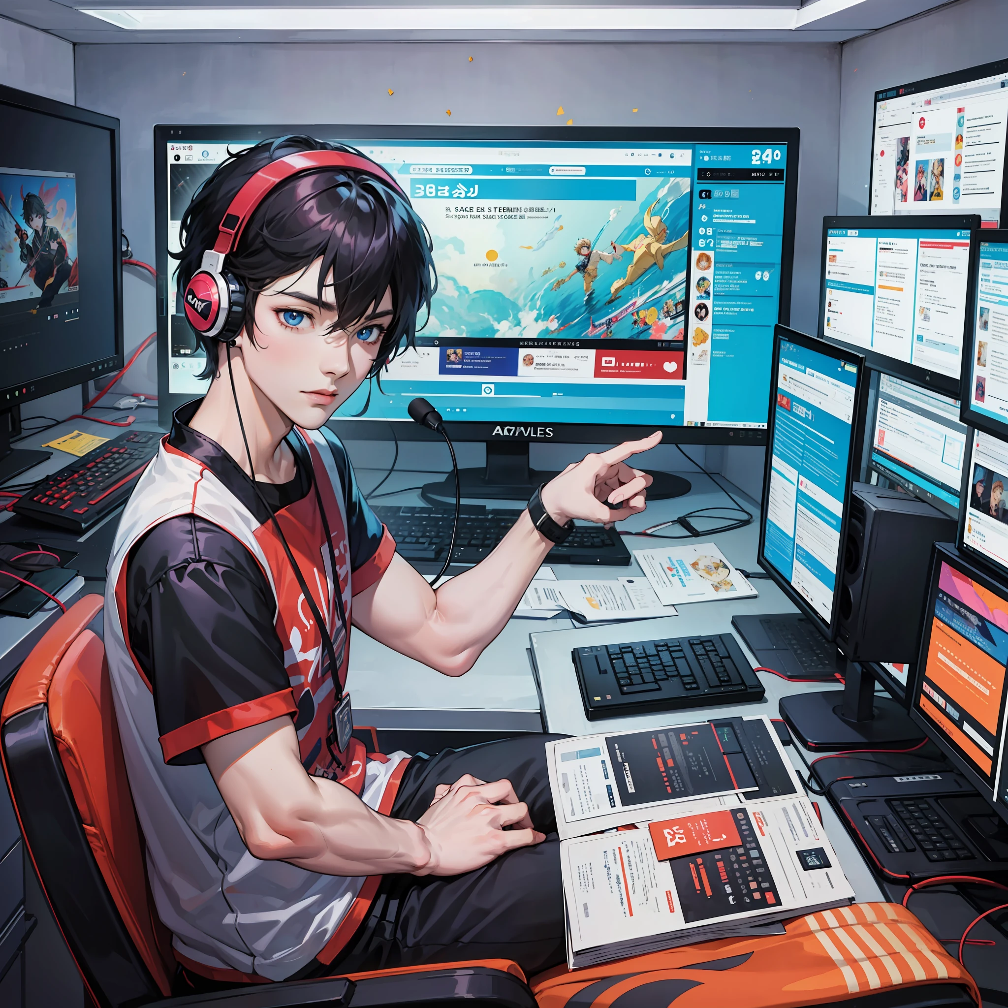 Anime boy calls to talk, ig studios anime style, nightcore, style of anime4 K, High quality anime art style, Anime boy, young anime man, Anime art style, Digital anime illustration, Anime style. 8K, in an anime style, male anime character, Kawasi,best qualtiy:1.0),(超高分辨率:1.0),Anime boys,with short black hair,blue color eyes,sitting in front of the computer,Speak into the microphone,The background is in the esports room,Earphone,The head is close to the microphone,8K