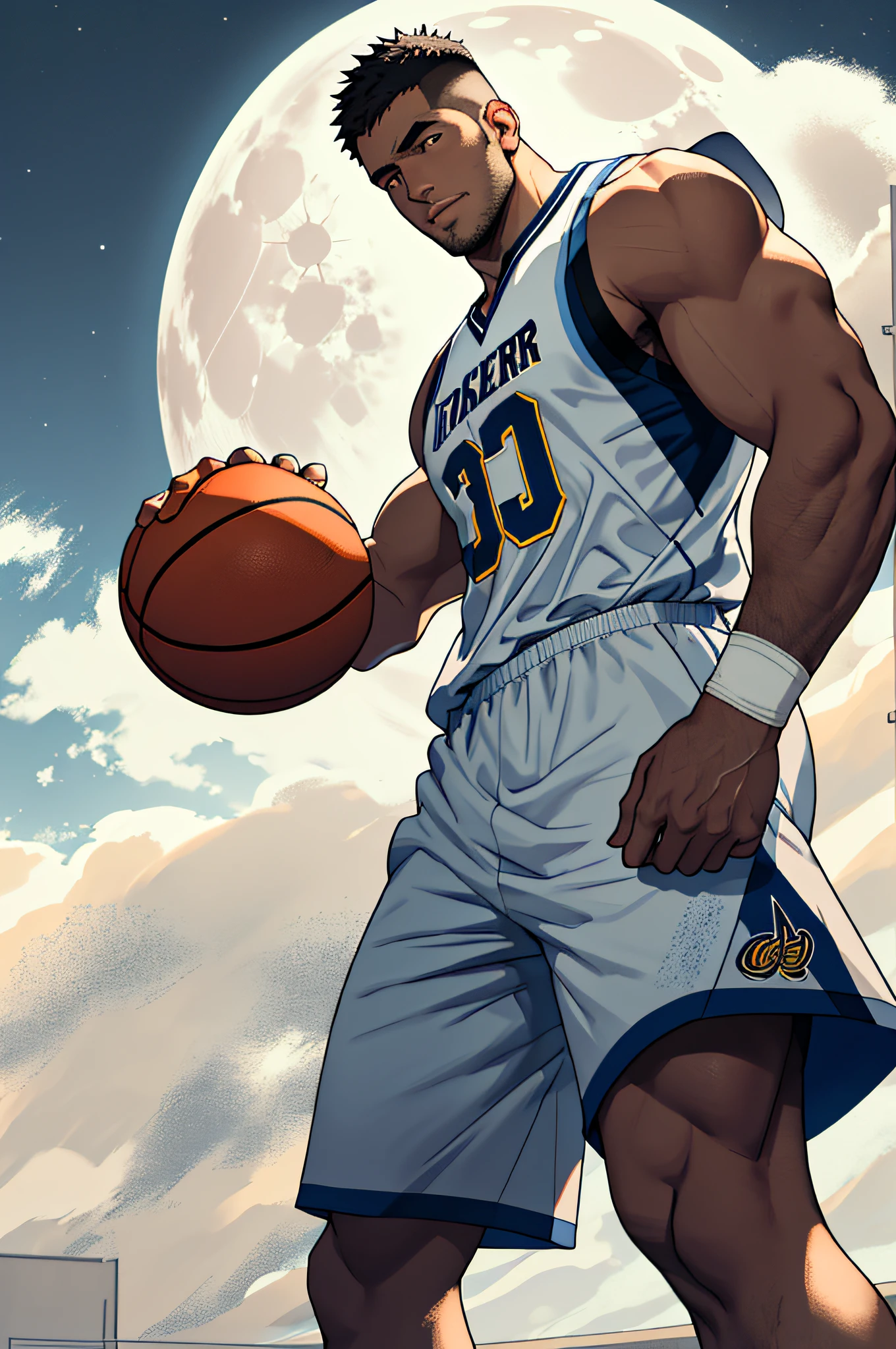 Draw a mature basketball player,Standing on the steppe at night,He wears a basketball uniform and basketball shoes,The man looks confident and determined,looking-down,Crew cut,full bodyesbian,shooting from below,Big moon highlights background