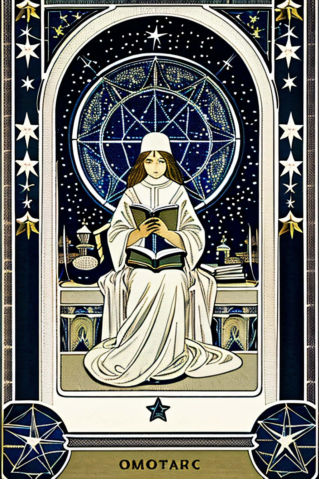 tarot cards，A girl reading a book，white colors，Stars fill the sky，lounge suit，modern day，The background of God's Domain，Paper cut style，Color blocking，geomerty，Minimalist，Collage，Best image quality，Illustration design，The picture is simple，Holy，looking at book，book，constellation