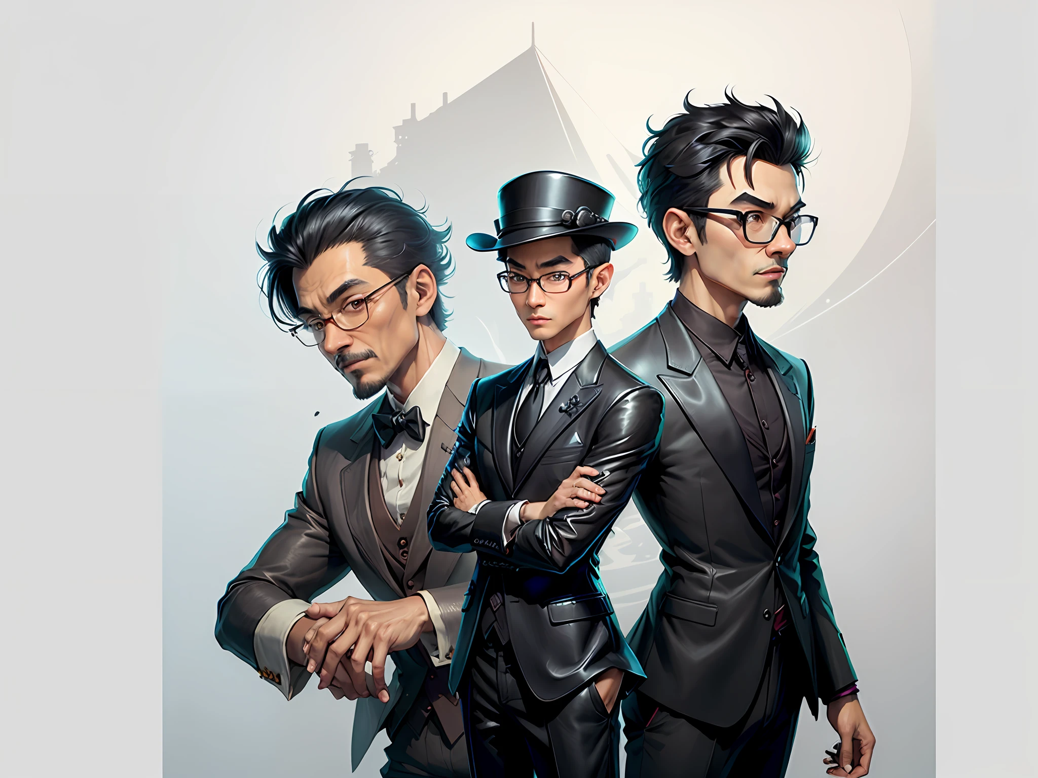Young man with oriental face in leather hat, tiger, oriental face in formal suit, short black hair, silver glasses, digital painting, 3D character design by Mark Clairedon and Pixar and Hayao Miyazaki and Akira Toriyama, the illustration is a high-definition illustration in 4K resolution with very detailed facial features and cartoon-style visuals.