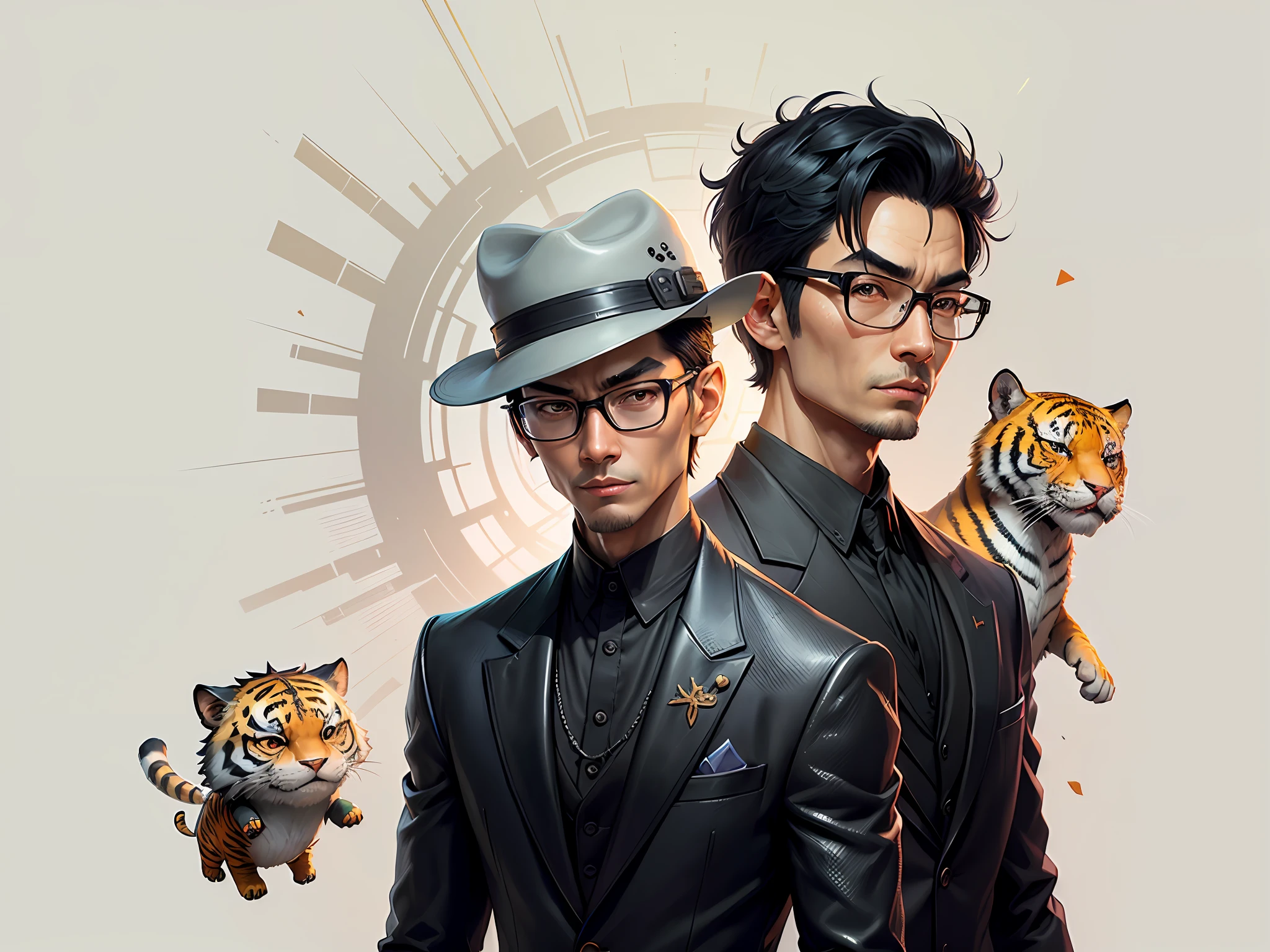 Young man with oriental face in leather hat, tiger, oriental face in formal suit, short black hair, silver glasses, digital painting, 3D character design by Mark Clairedon and Pixar and Hayao Miyazaki and Akira Toriyama, the illustration is a high-definition illustration in 4K resolution with very detailed facial features and cartoon-style visuals.