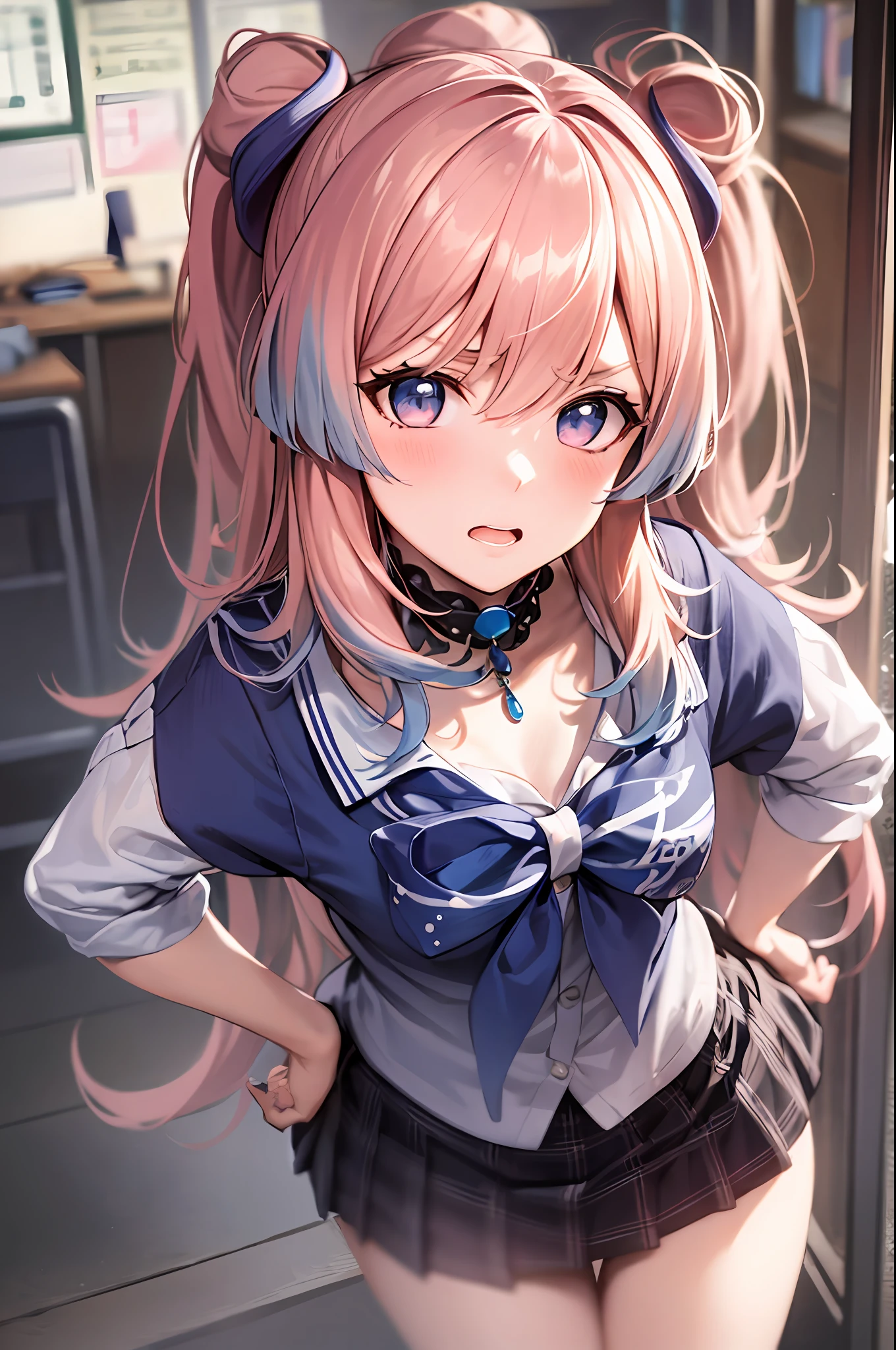 masterpiece, best quality, ultra detailed, hyper realistic, photo),delicate pattern, detailed background, uncensored completely, cowboy shot,  japanese girl, class room,
school uniform, loose collar, skirt, looking over eyewear,
hair between eyes, pink hair
put up index finger and one hand on hip,  angry with puffed cheeks,
from above, leaning forward,