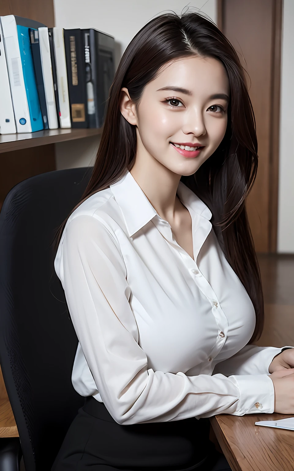 extremely detailed CG unity 8k wallpaper, best quality, ultra-detailed, masterpiece, realistic, photo realistic, extremely detailed cute girl, 25years old, (secretary), large breasts , smile, parted lips, business white shirt , pencil skirt , office, reception, half body shot ,
